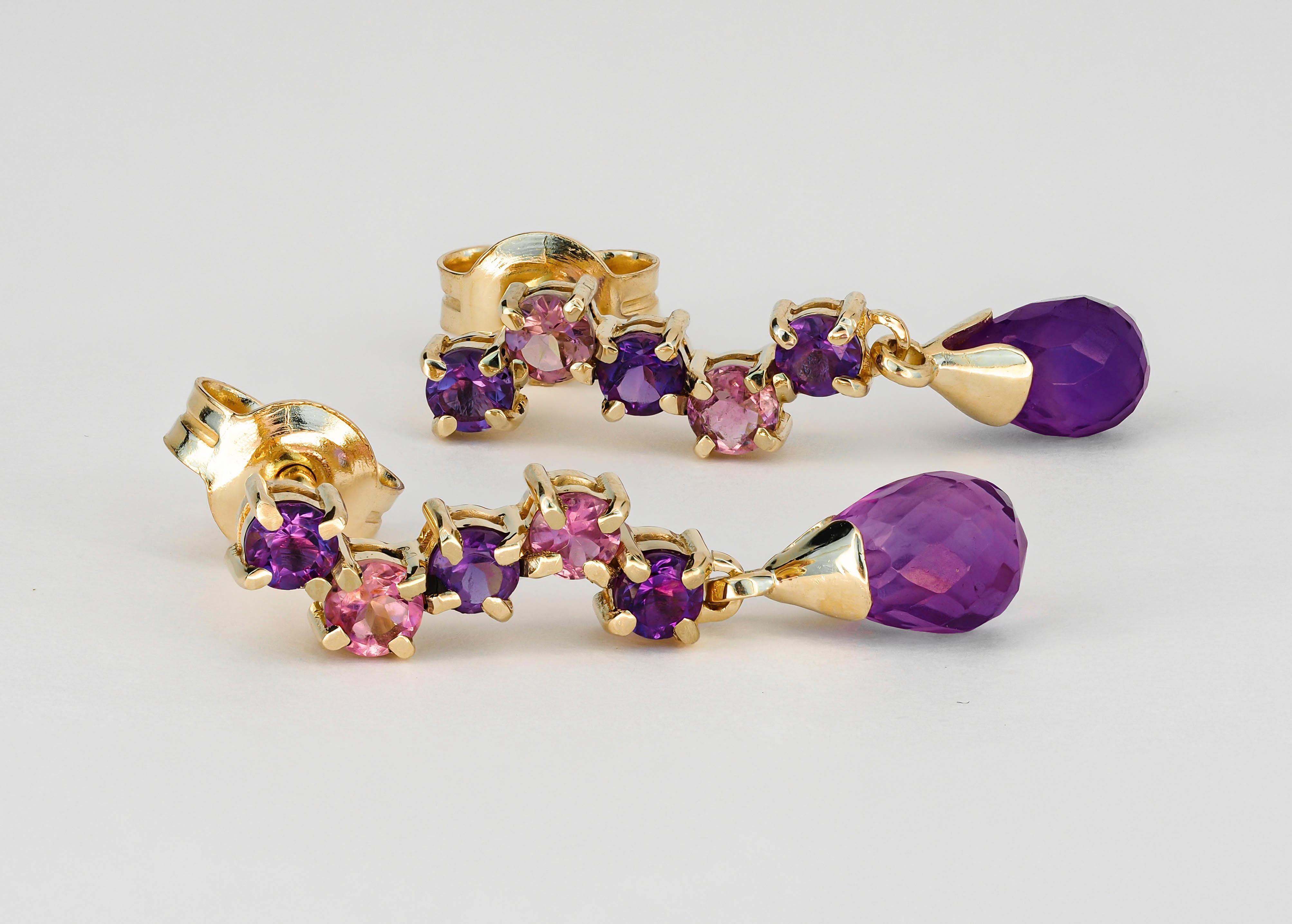Briolette Cut 14k Gold Drop Earrings Studs with Amethysts and Sapphires For Sale