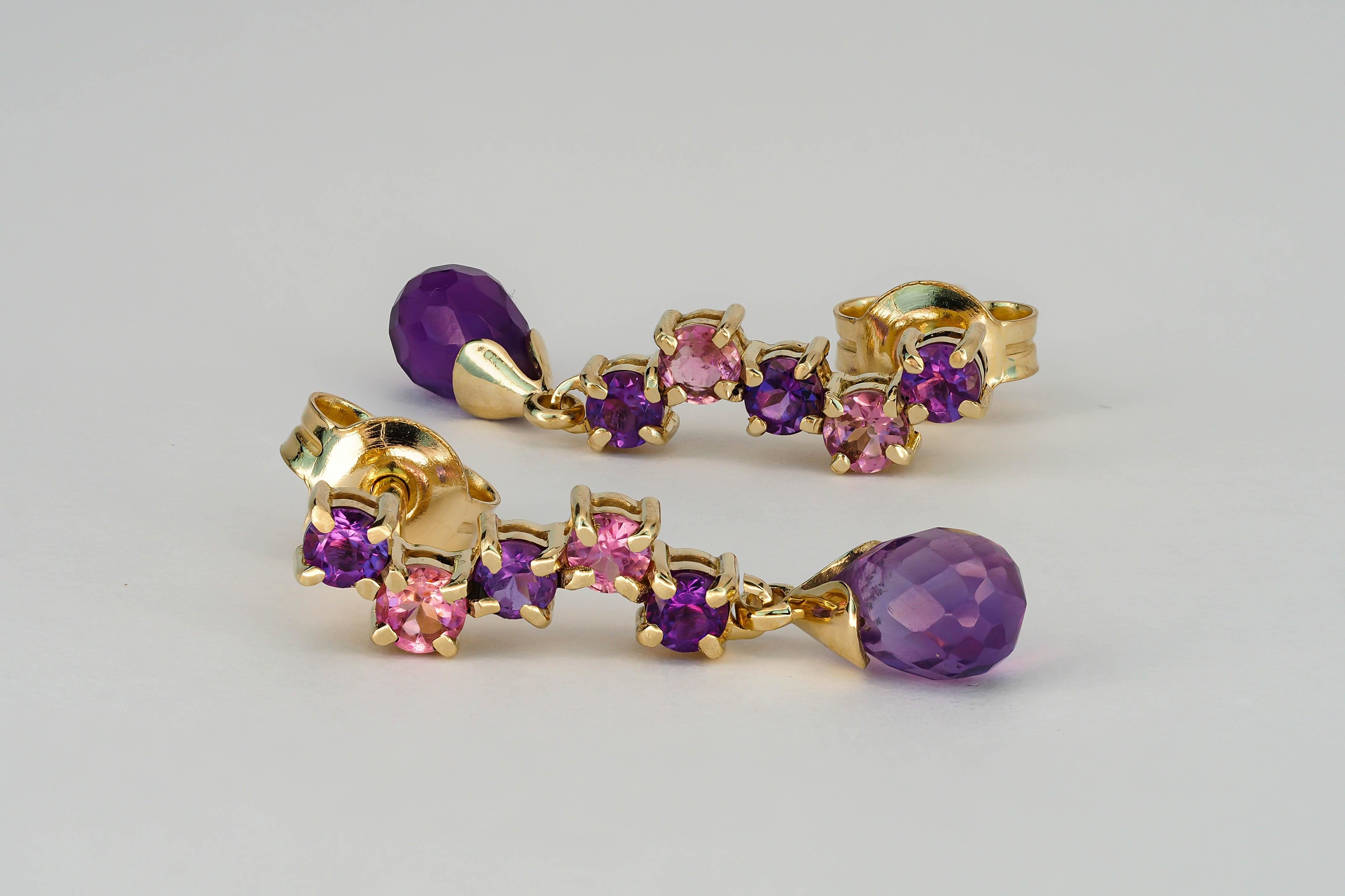 14k Gold Drop Earrings Studs with Amethysts and Sapphires In New Condition For Sale In Istanbul, TR