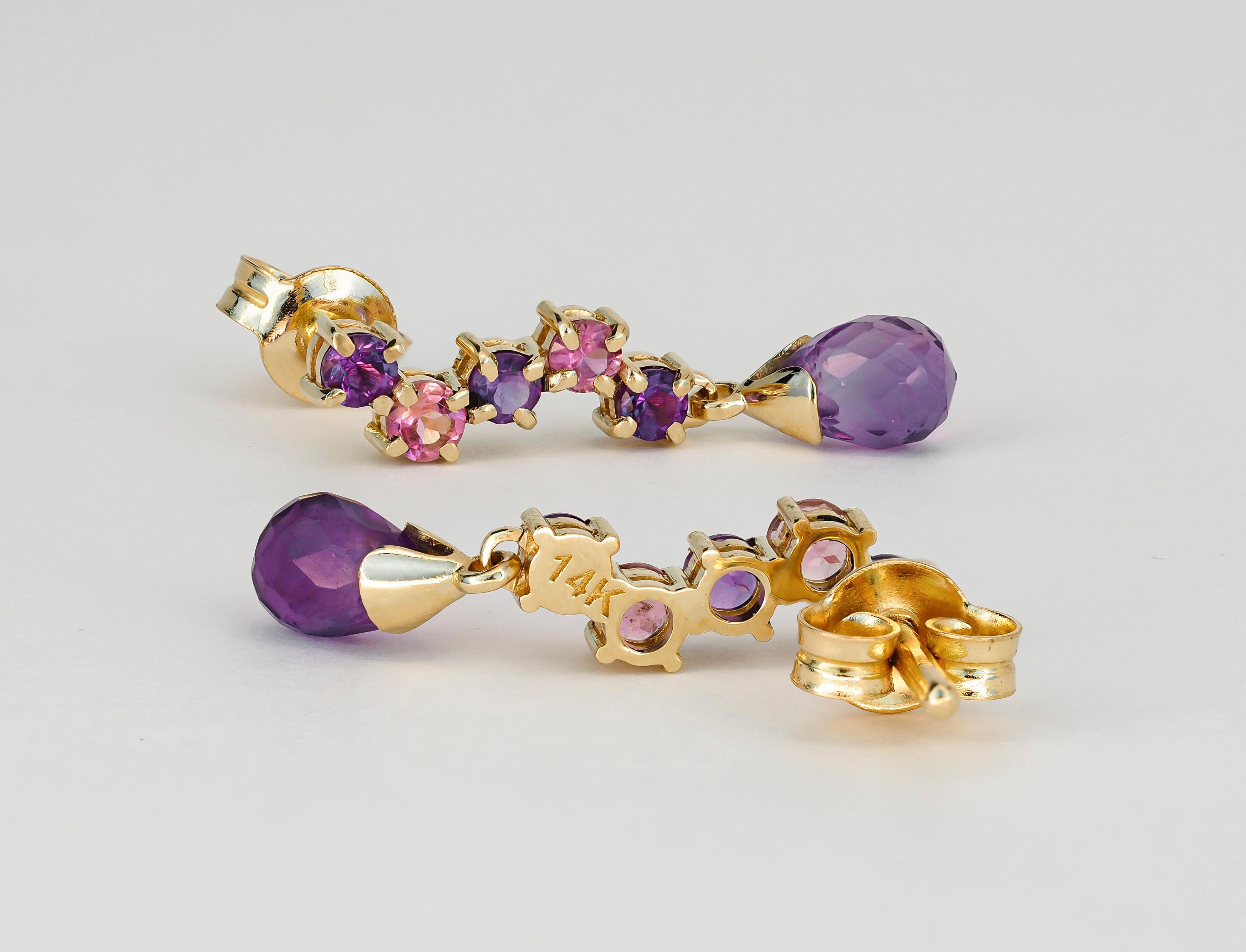 Women's 14k Gold Drop Earrings Studs with Amethysts and Sapphires For Sale