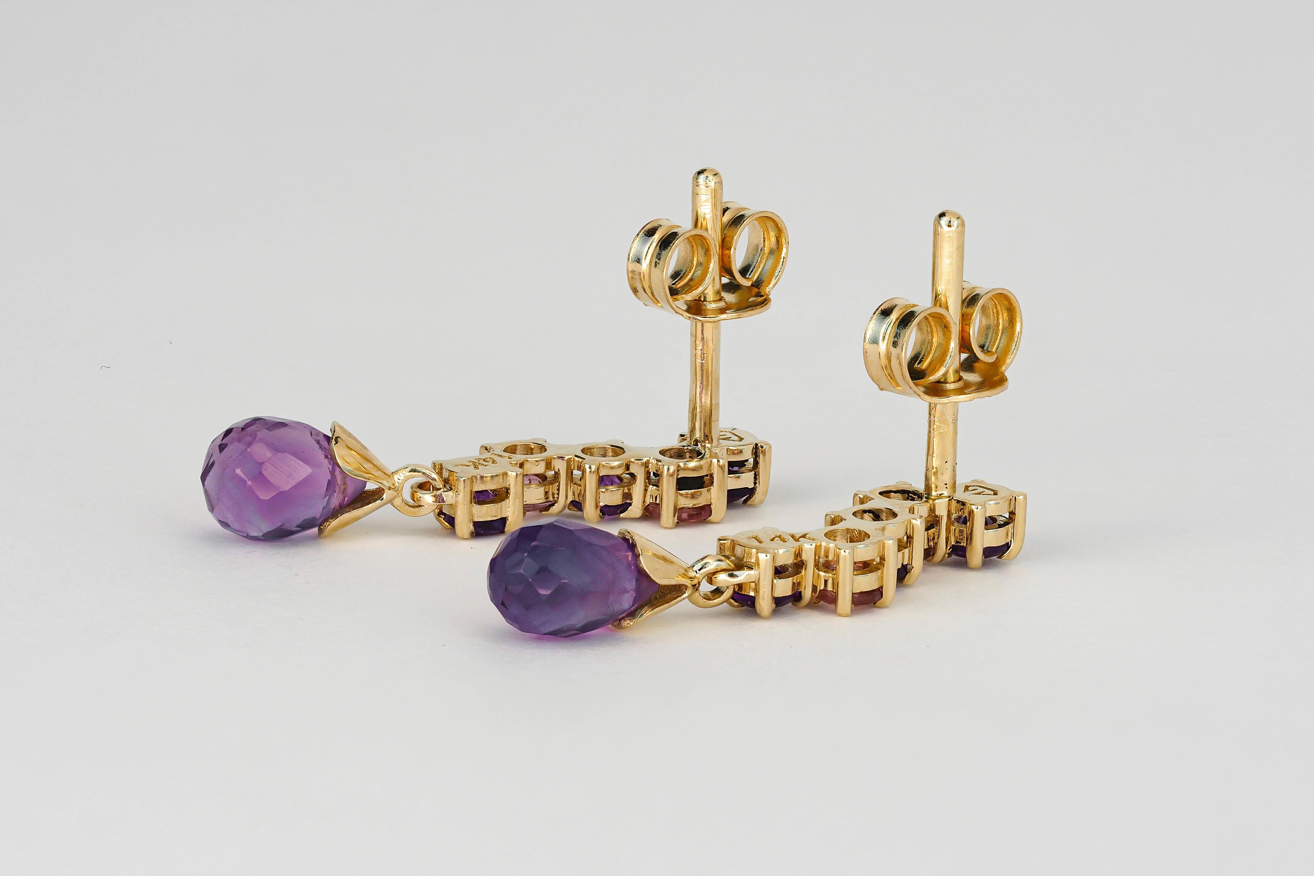 14k Gold Drop Earrings Studs with Amethysts and Sapphires For Sale 1