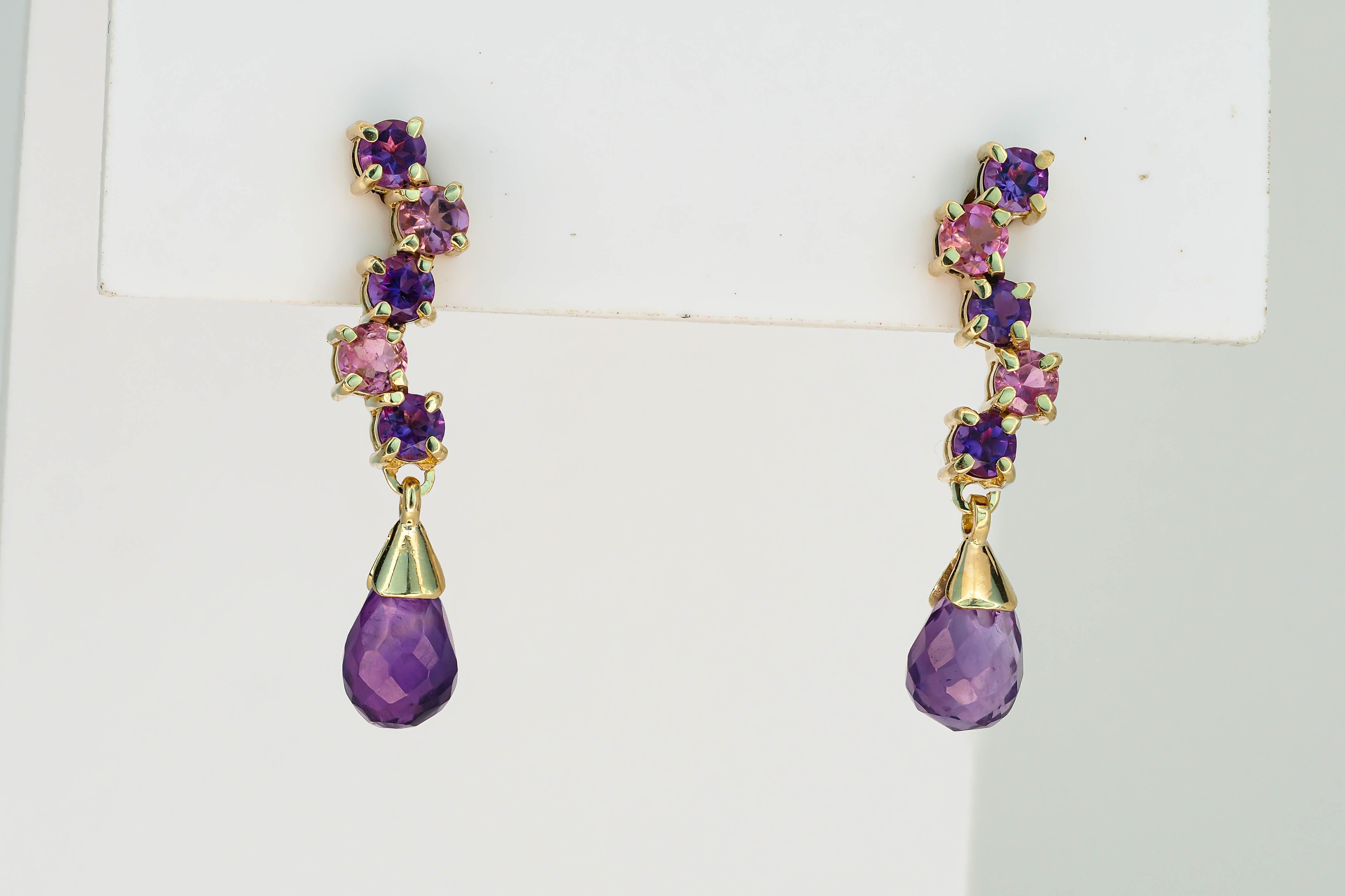 14k Gold Drop Earrings Studs with Amethysts and Sapphires For Sale 2