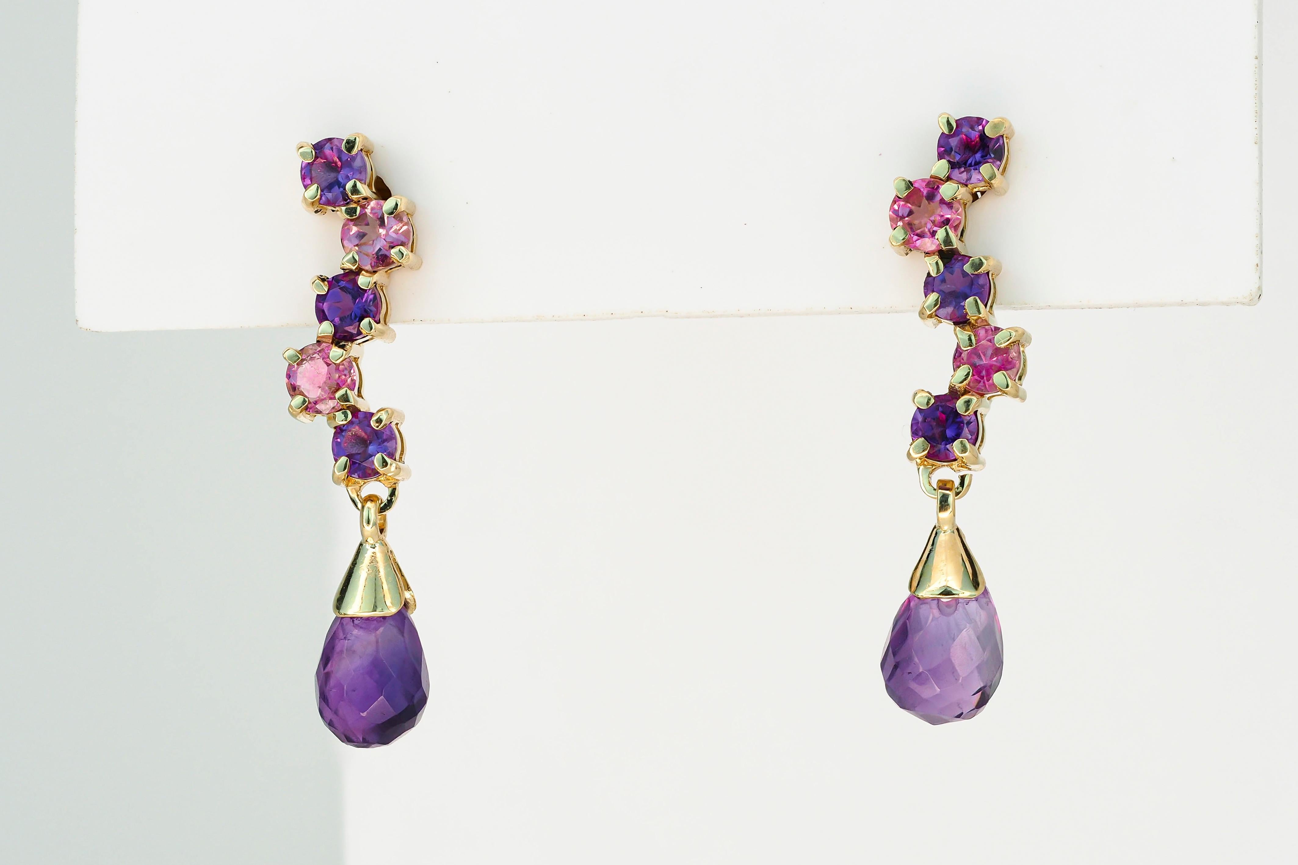 14k Gold Drop Earrings Studs with Amethysts and Sapphires! For Sale 1