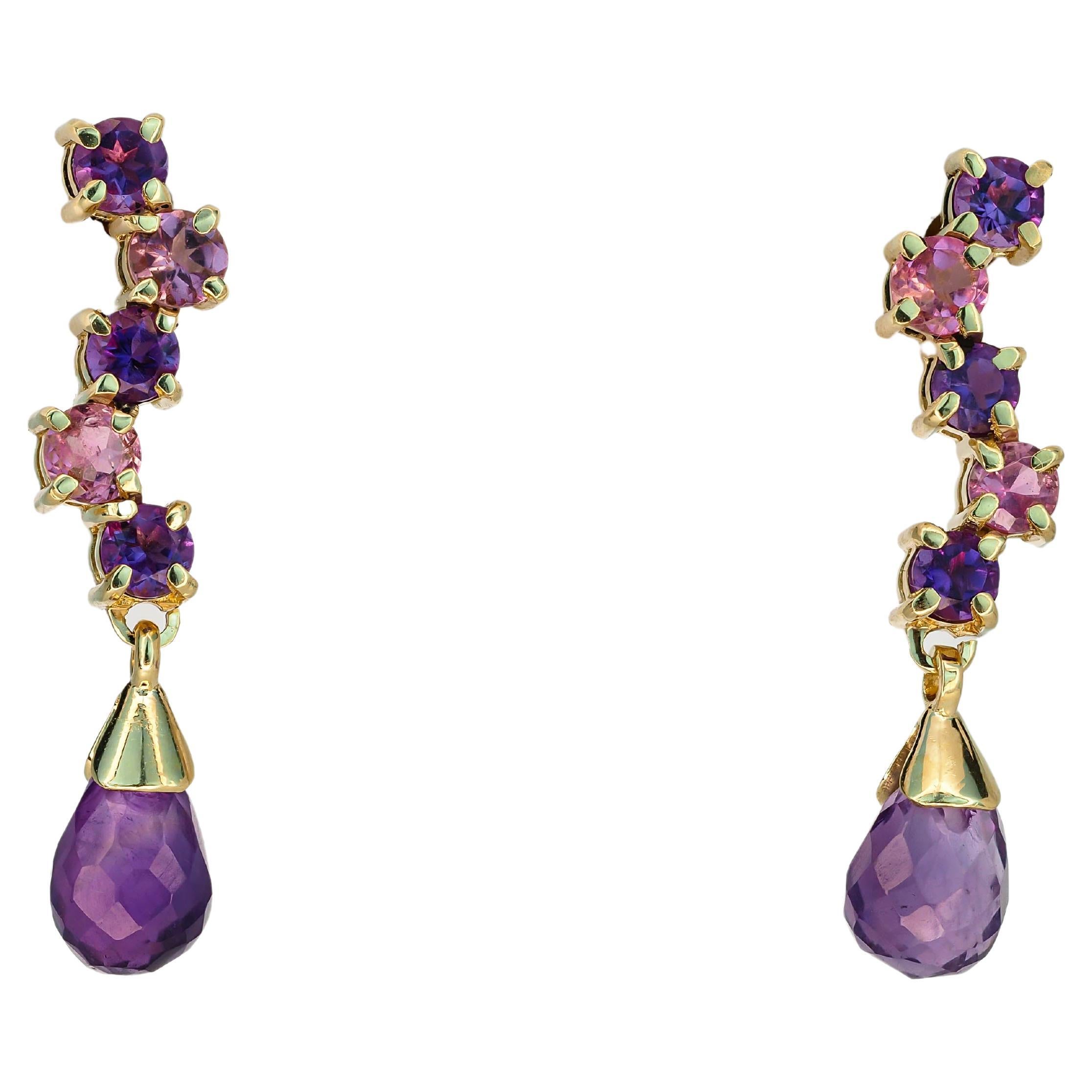 14k Gold Drop Earrings Studs with Amethysts and Sapphires