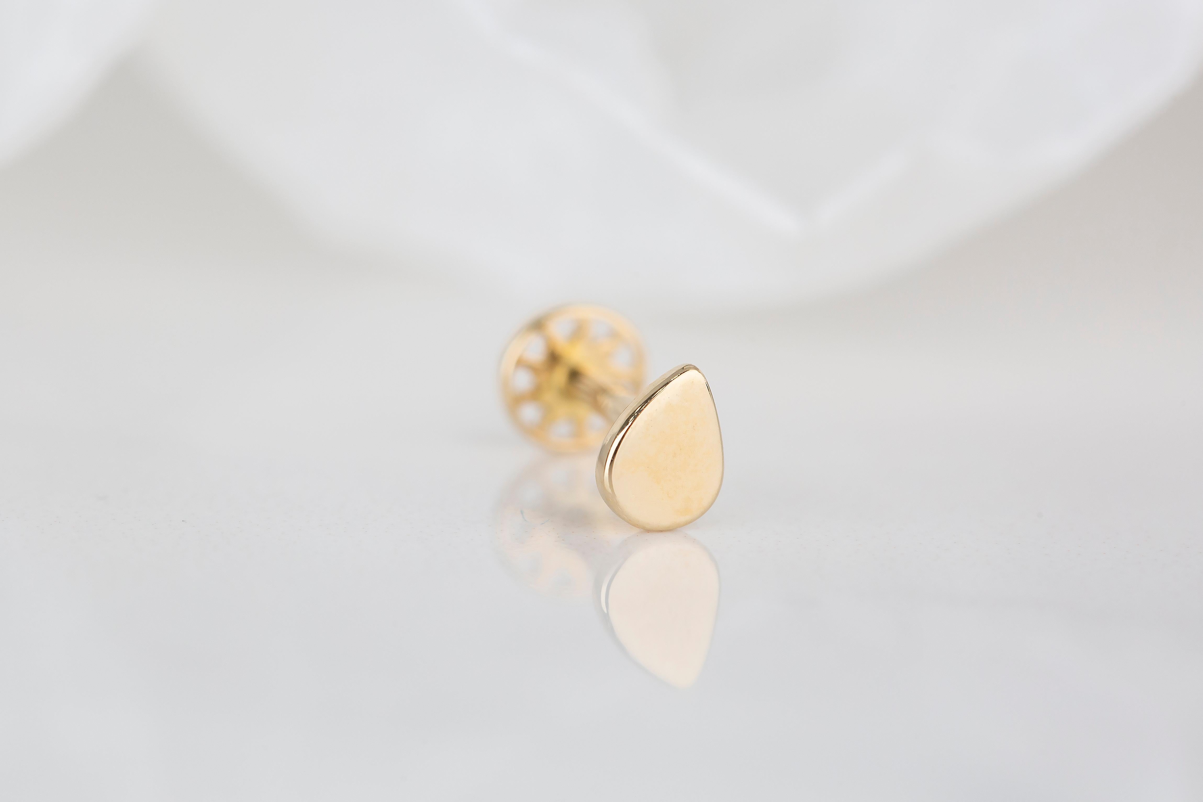 Modern 14K Gold Drop Shape Piercing, Pear Shape Gold Stud Earring For Sale