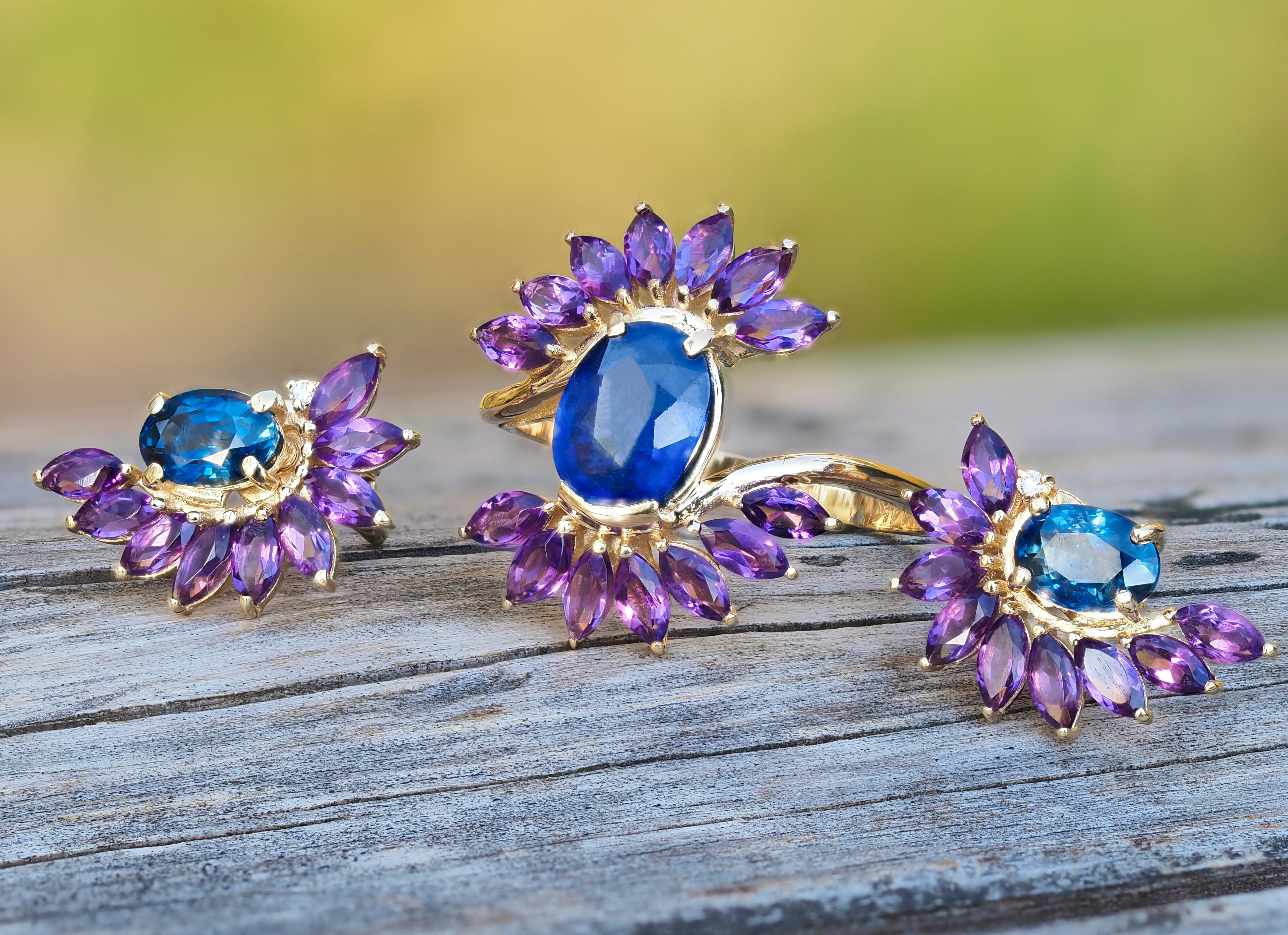 Sapphire and amethyst jewelry set: earrings and ring For Sale 3
