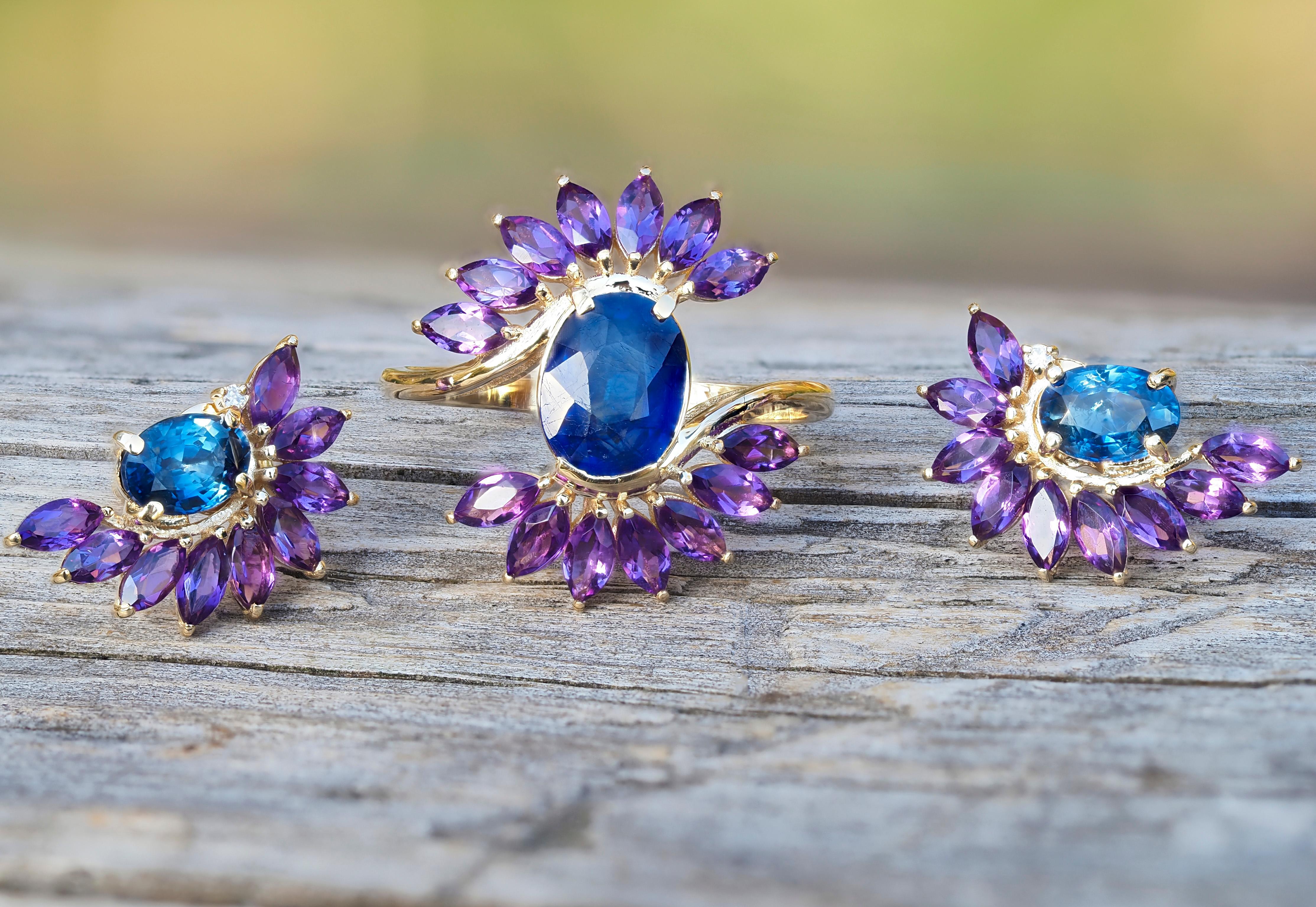 Sapphire and amethyst jewelry set: earrings and ring For Sale 4