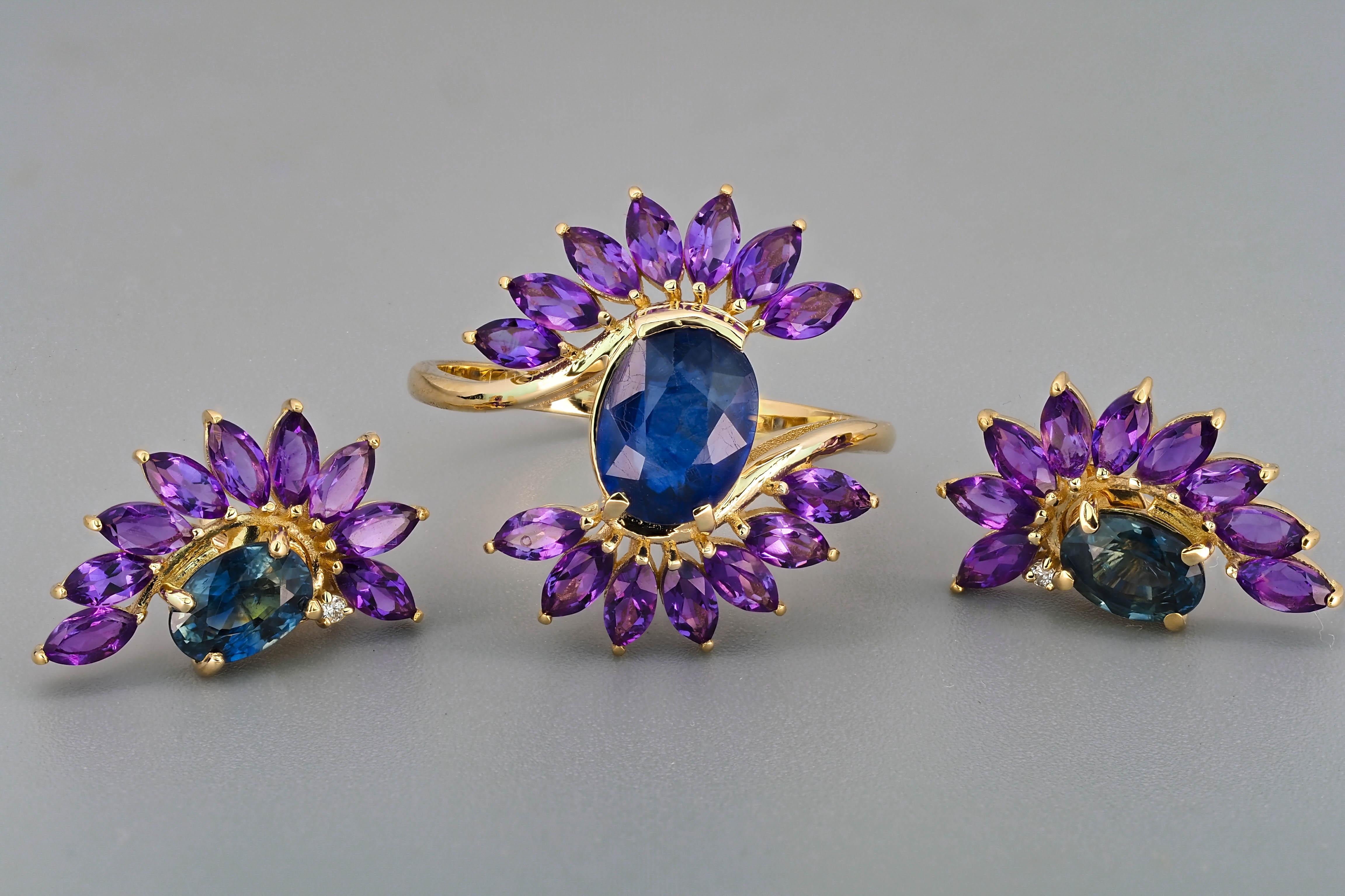 Modern Sapphire and amethyst jewelry set: earrings and ring For Sale