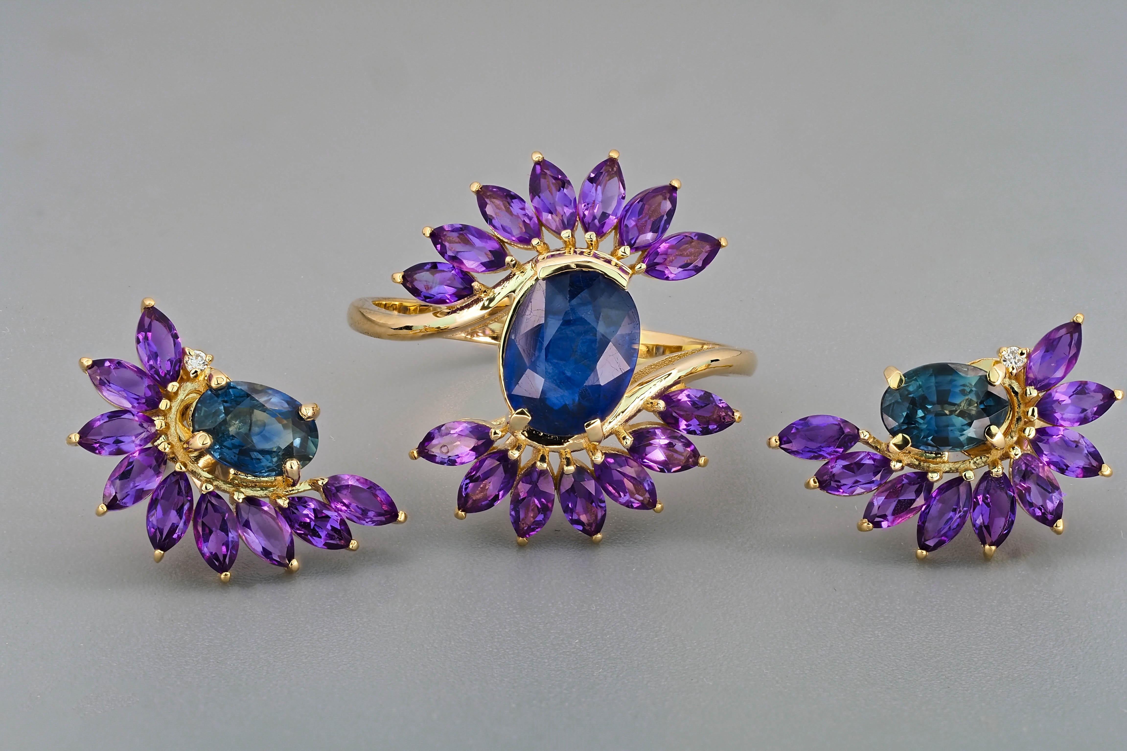 Oval Cut Sapphire and amethyst jewelry set: earrings and ring For Sale