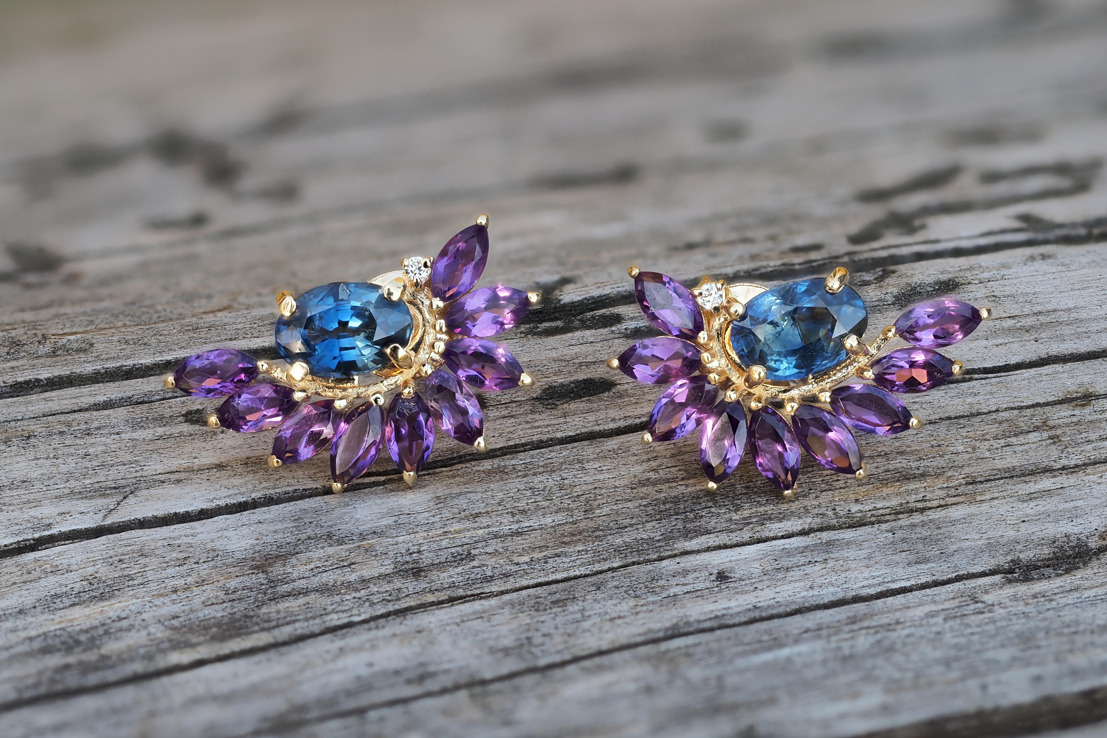 Women's Sapphire and amethyst 14k gold set: earrings and ring For Sale