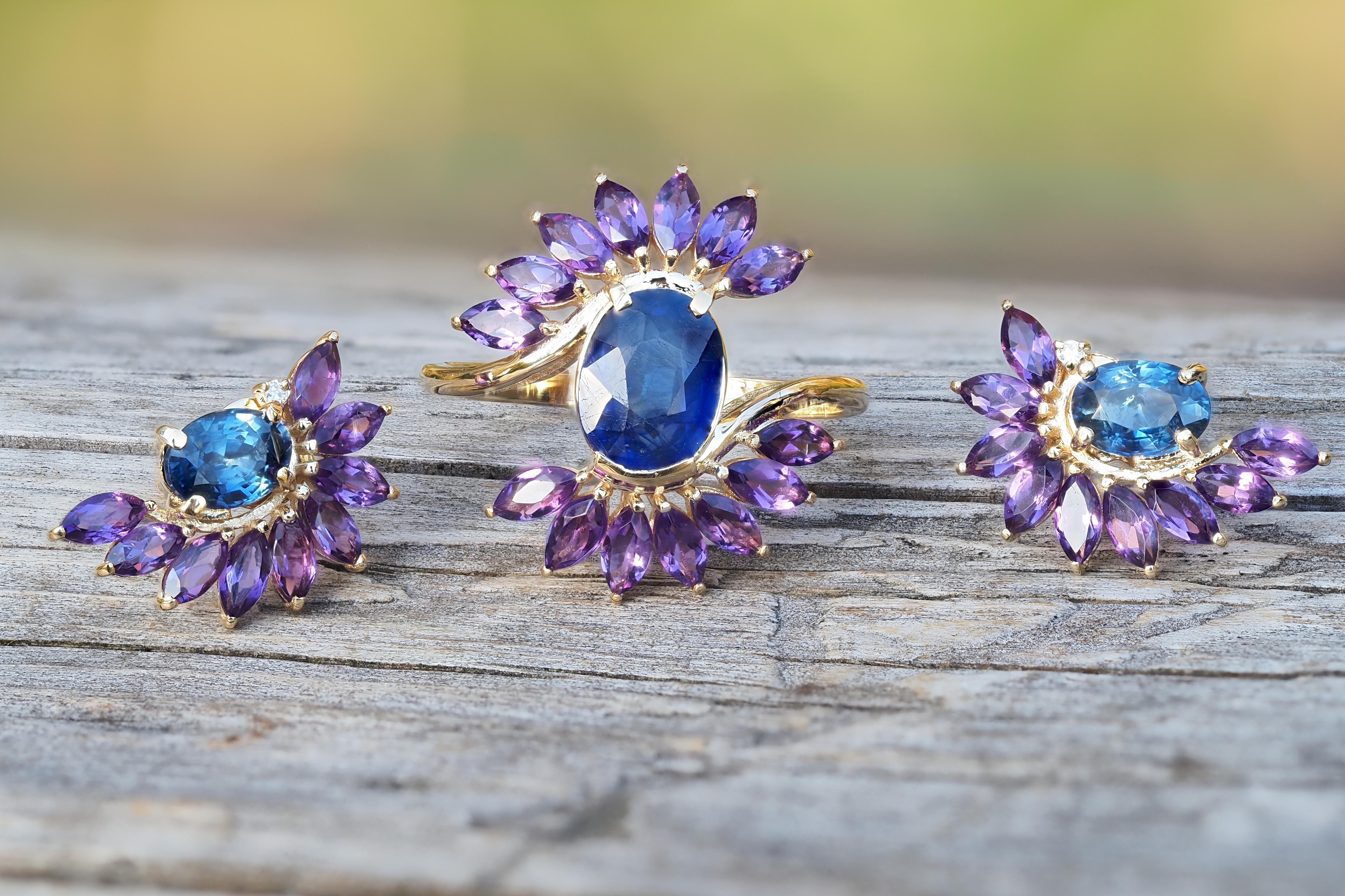 Sapphire and amethyst jewelry set: earrings and ring For Sale 1