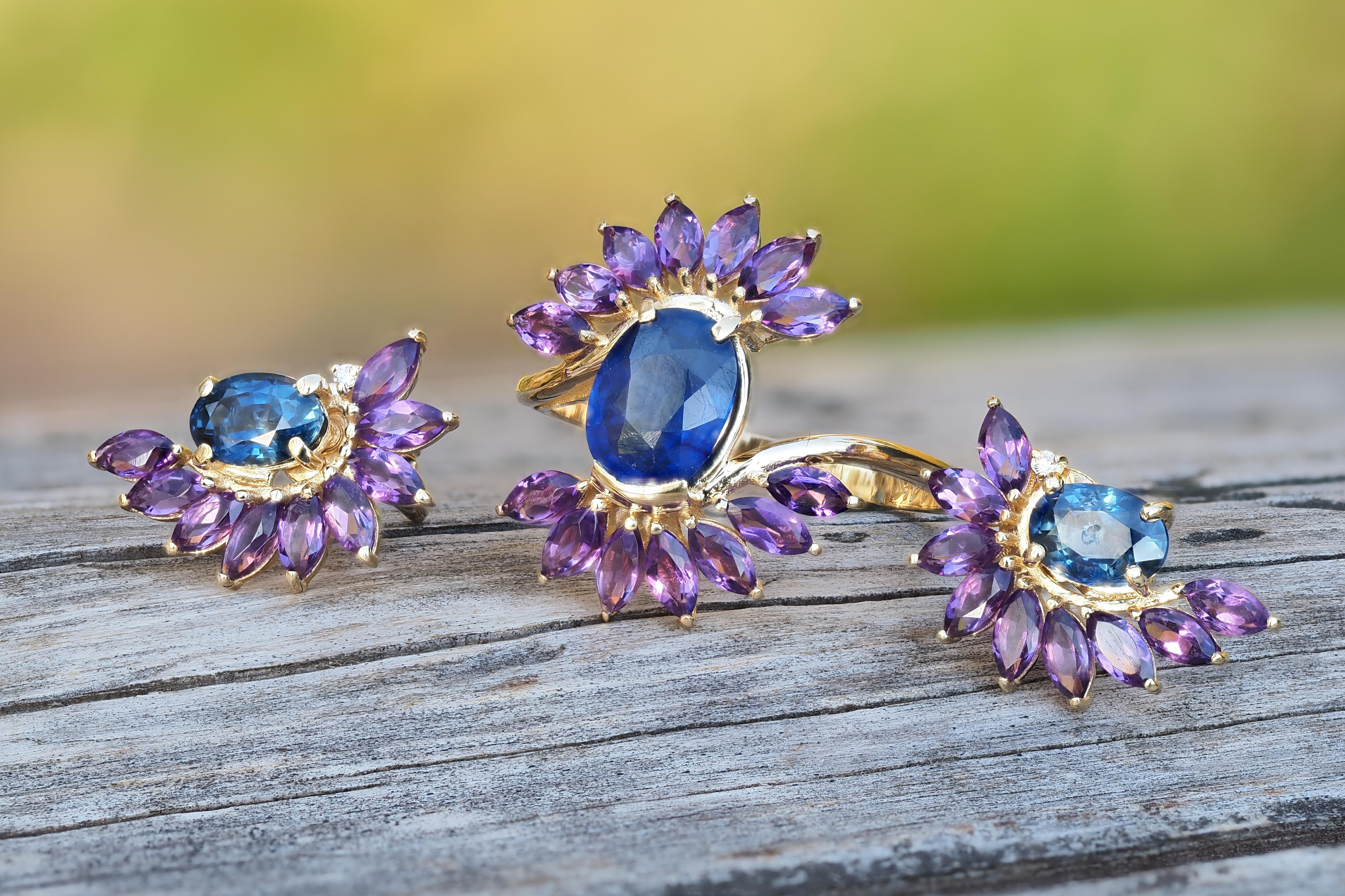 Sapphire and amethyst jewelry set: earrings and ring For Sale 2