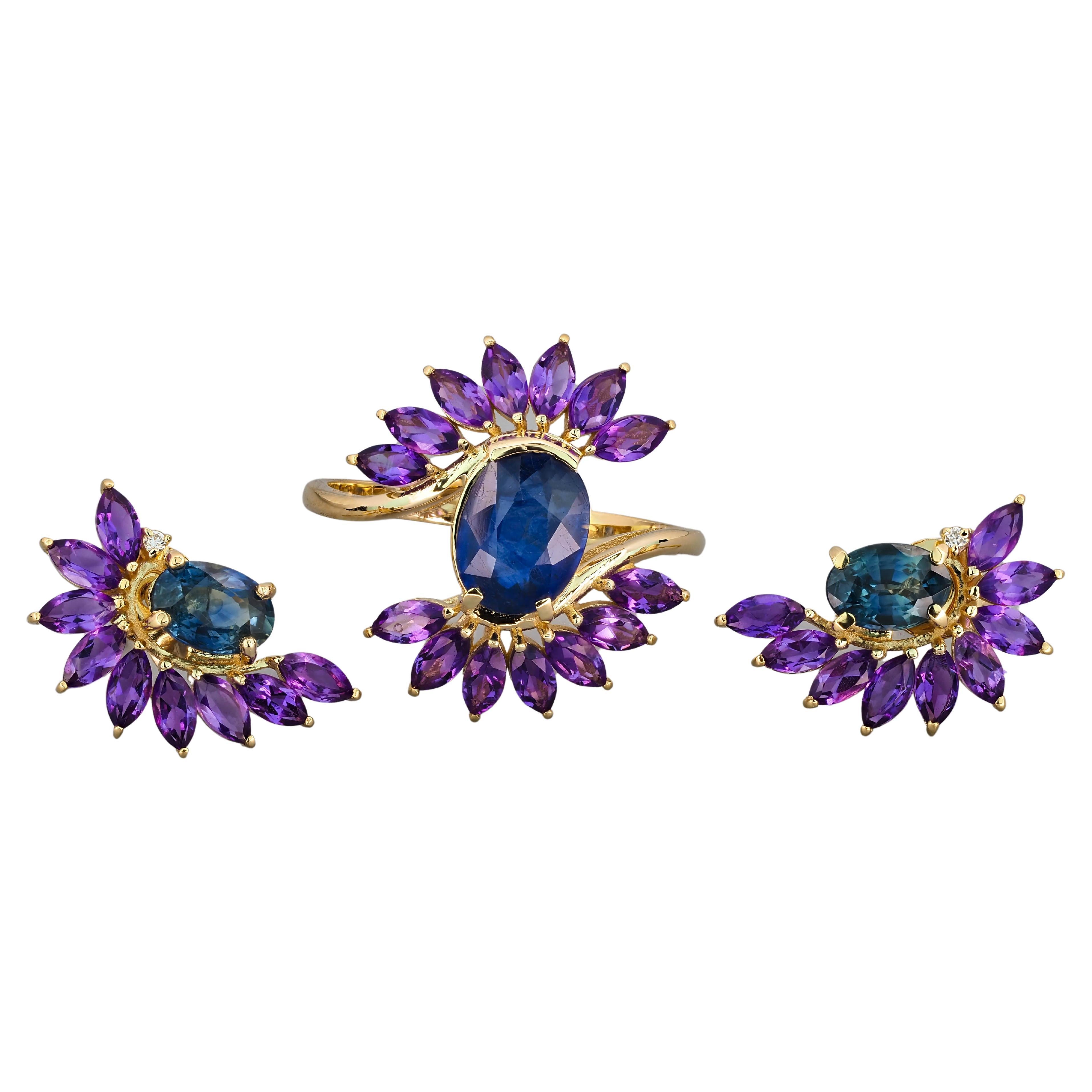 Sapphire and amethyst jewelry set: earrings and ring For Sale