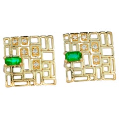 14k Gold Earrings Studs with Emeralds and Diamonds, Baguette Emerald Studs