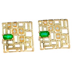 Emerald, diamond earring studs in 14k gold