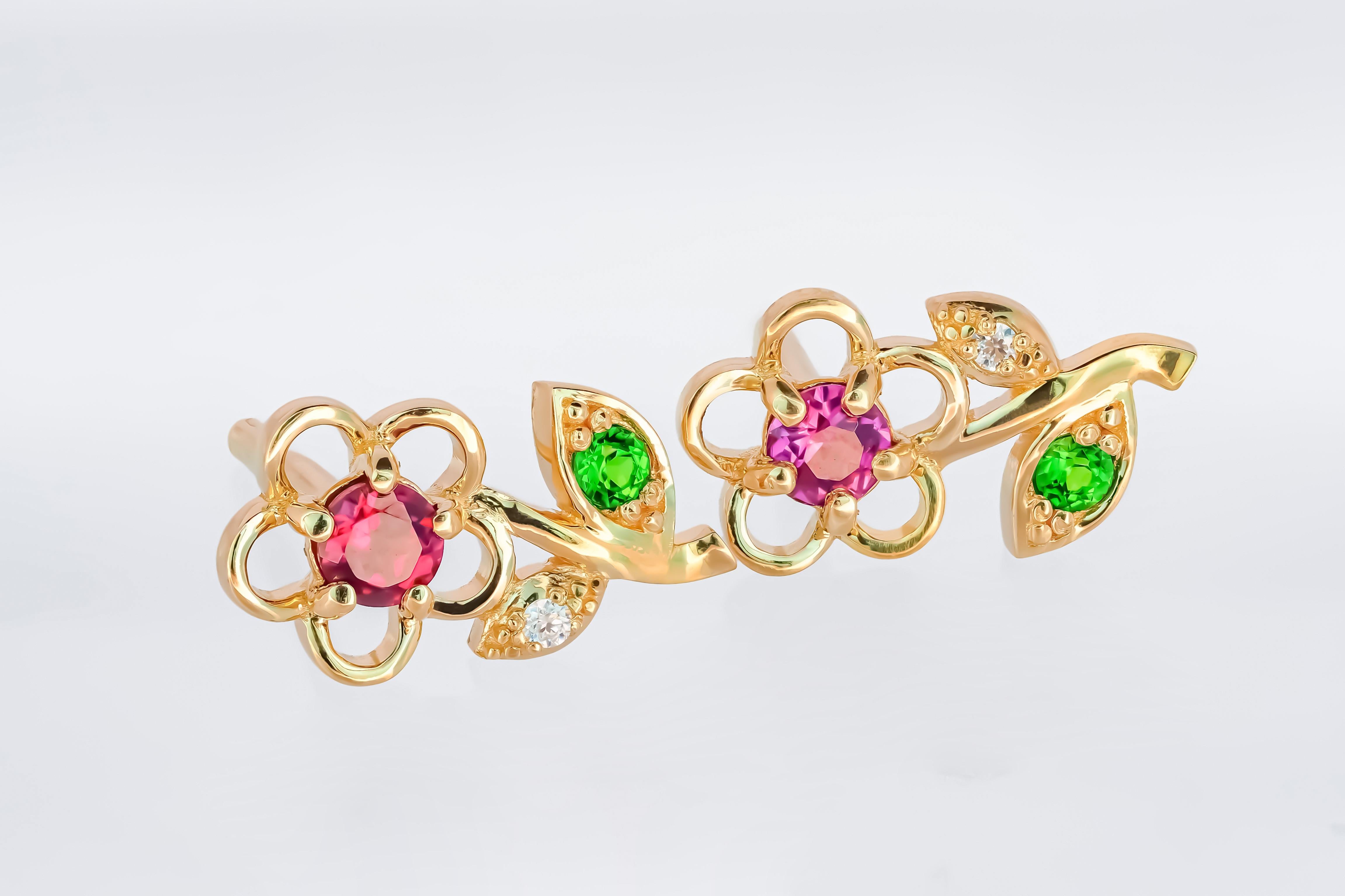 Contemporary 14k Gold Earrings Studs with Garnets, Tsavorites and Diamonds For Sale