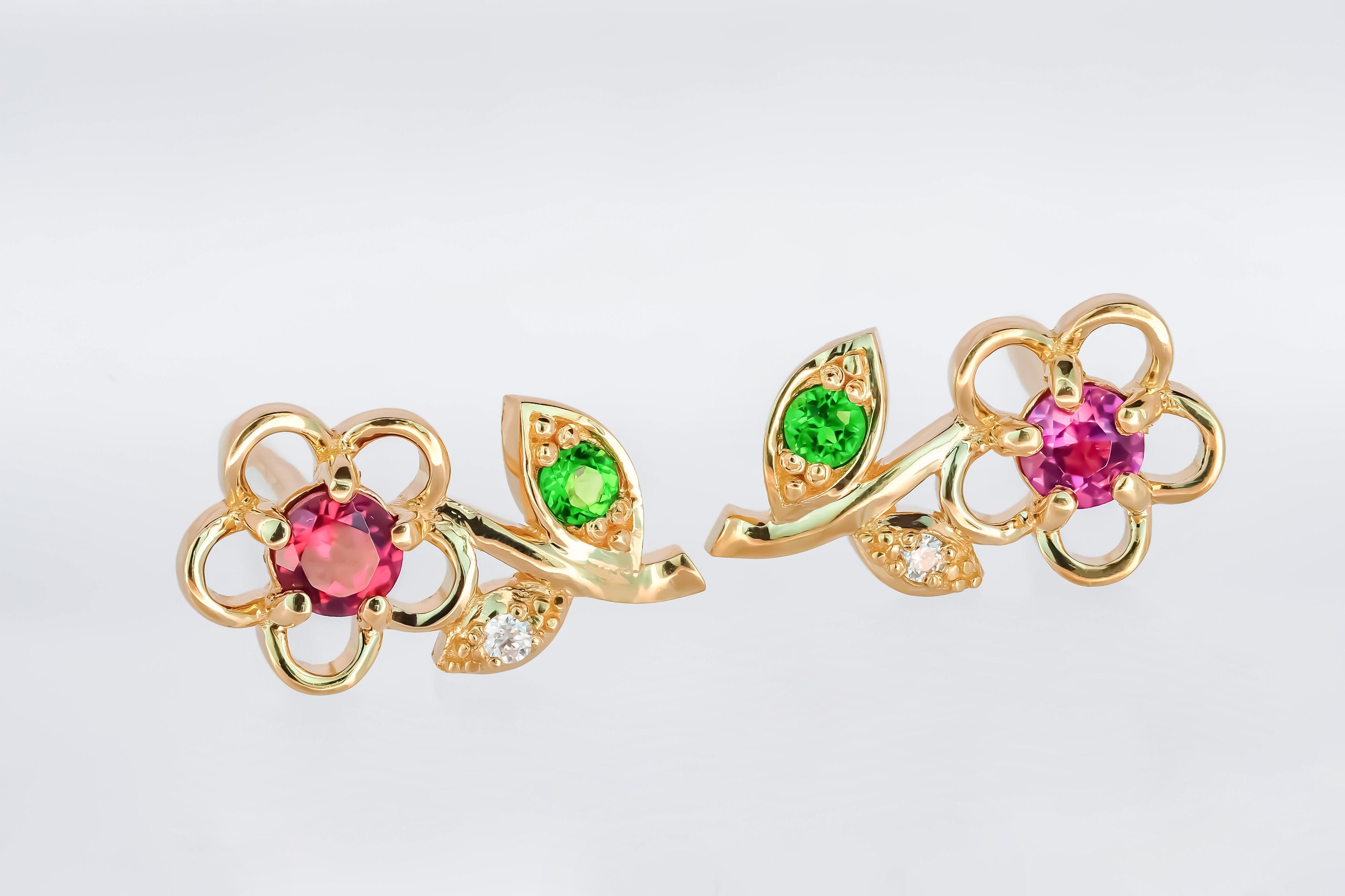 Round Cut 14k Gold Earrings Studs with Garnets, Tsavorites and Diamonds
