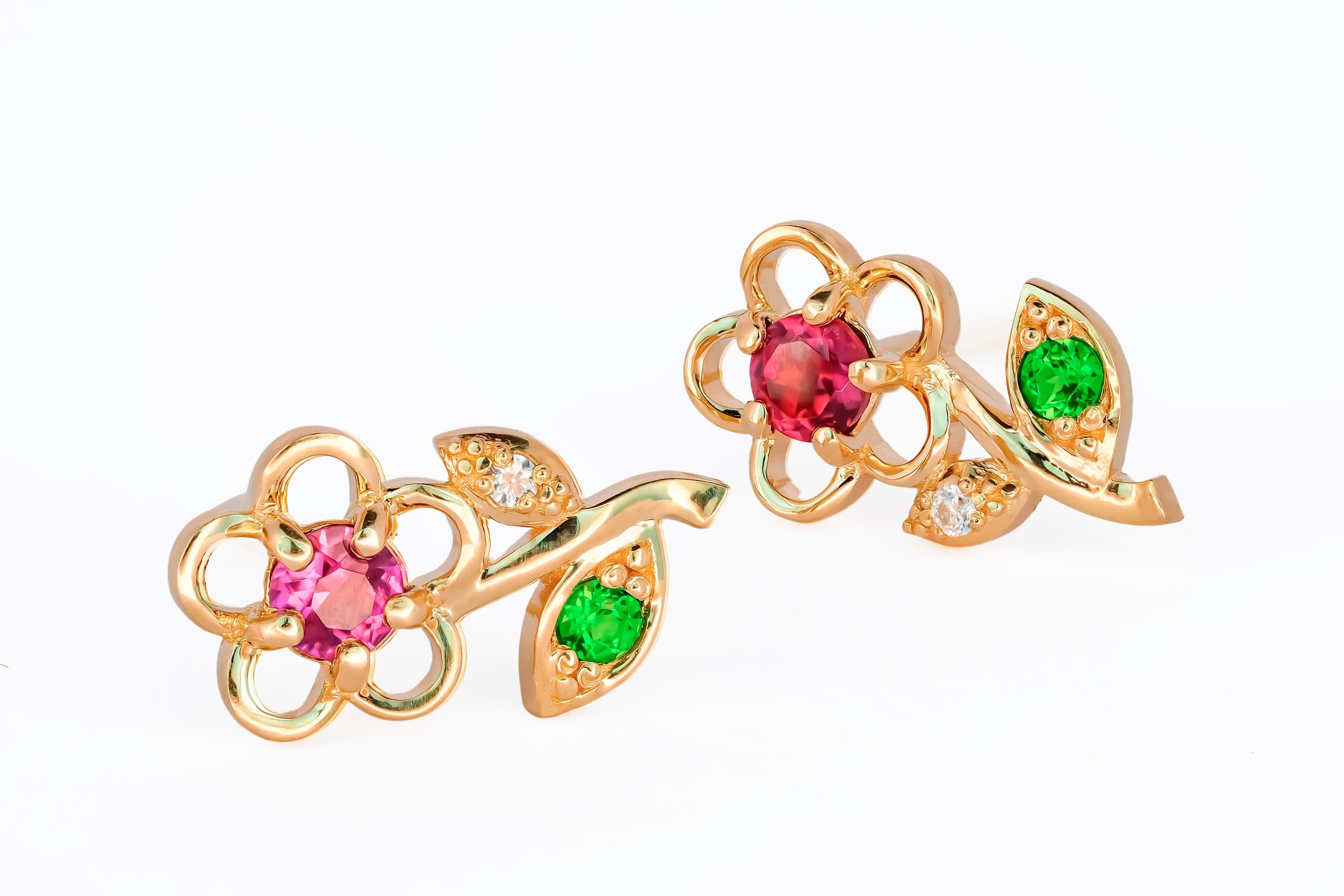 Women's 14 Karat Gold Earrings Studs with Garnets, Tsavorites and Diamonds For Sale