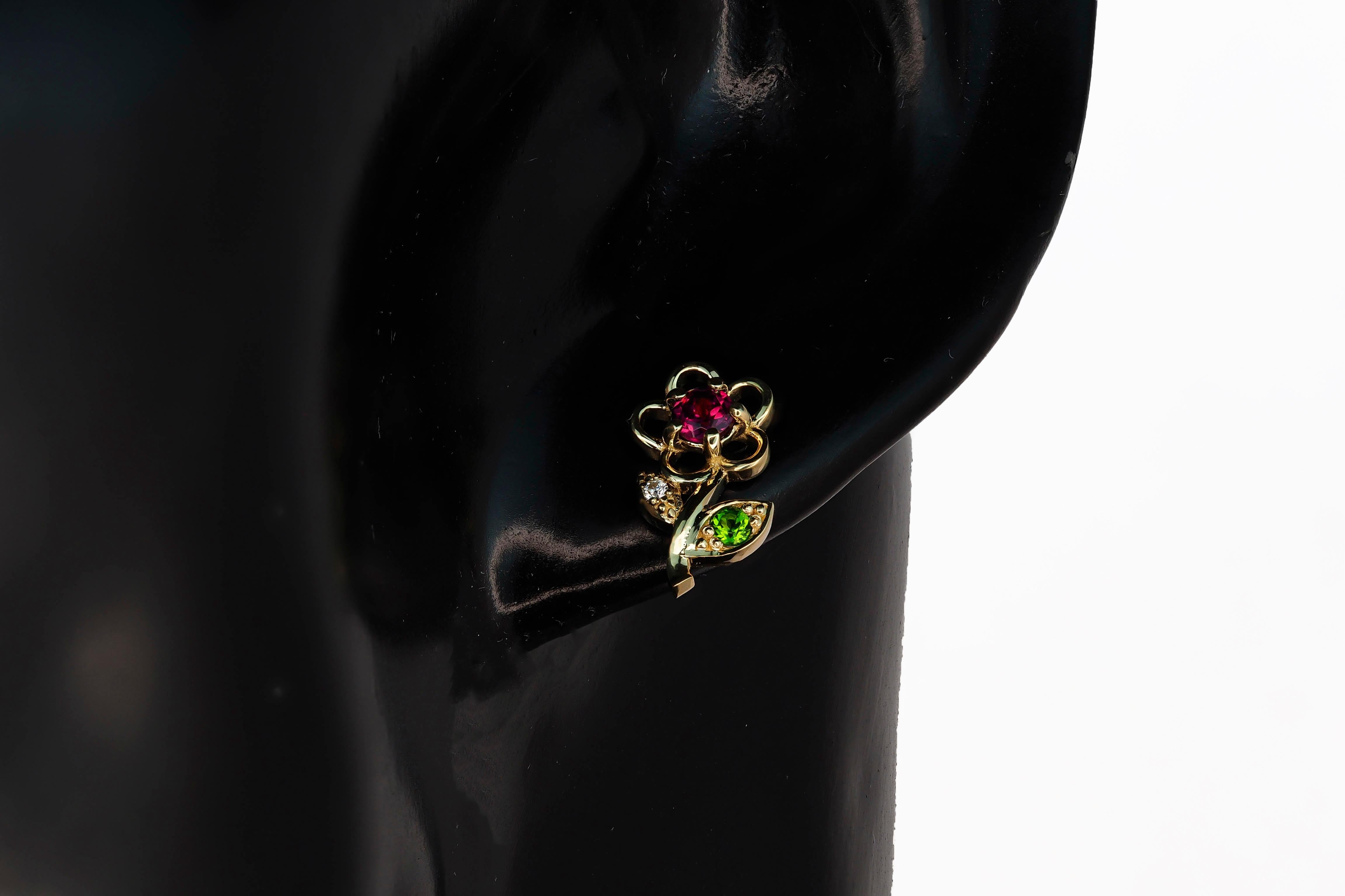 14k Gold Earrings Studs with Garnets, Tsavorites and Diamonds For Sale 3