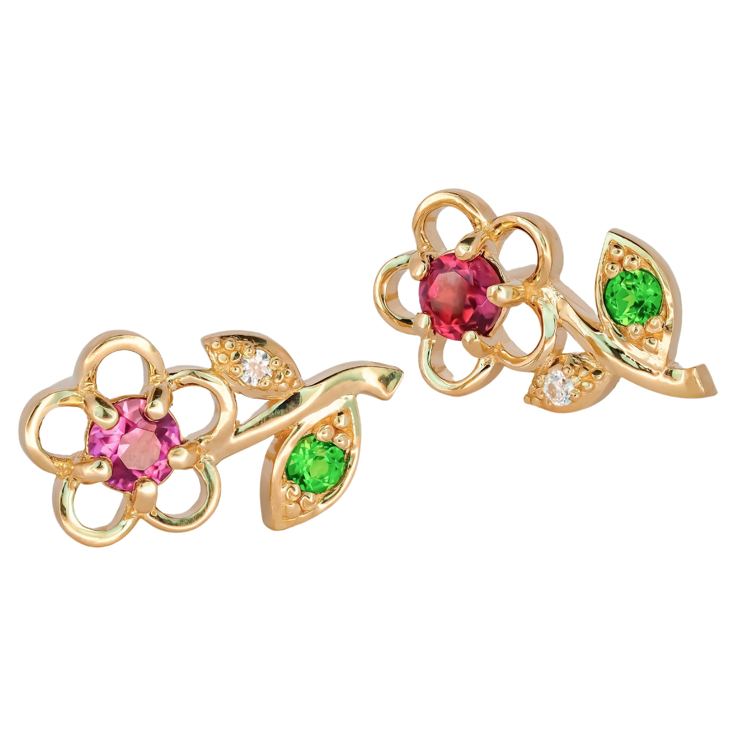 Pendientes flor de oro de 14k con gemas multicolor