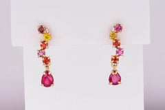 14k Gold Earrings Studs with Multicolor Sapphires and Rubies