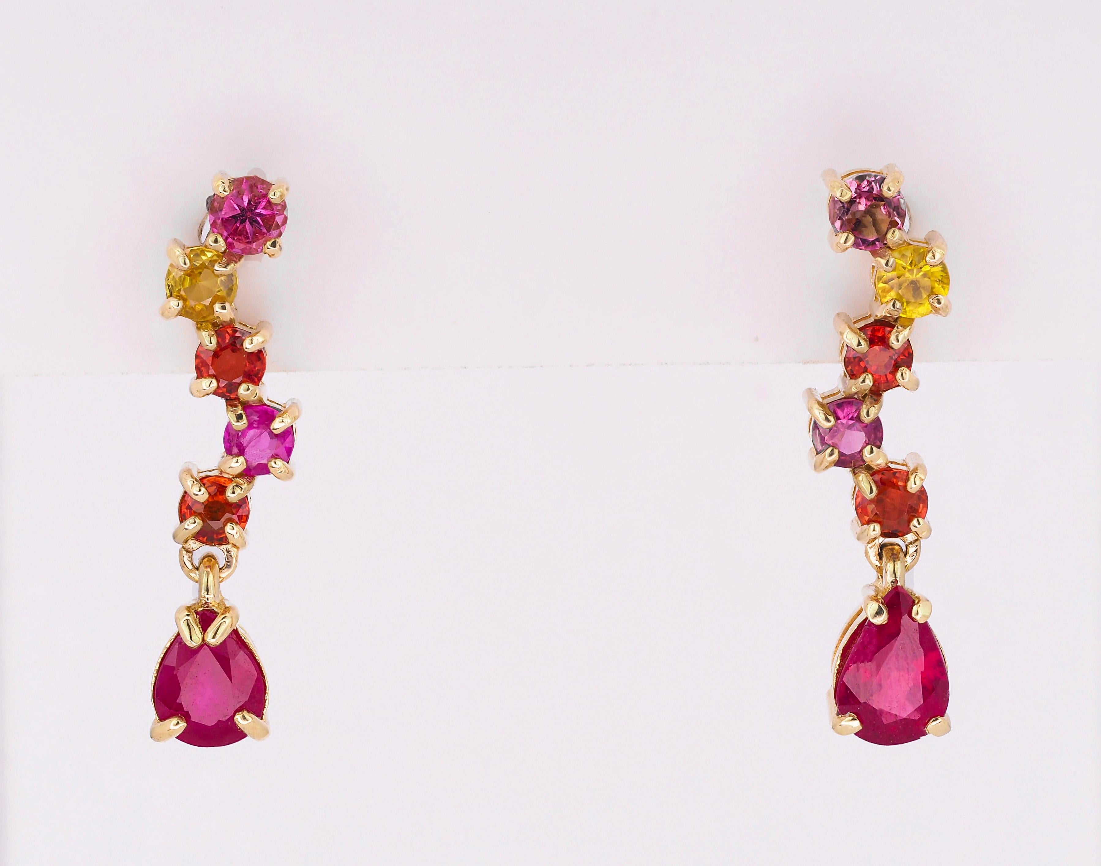 Modern 14k Gold Earrings Studs with Multicolor Sapphires and Rubies