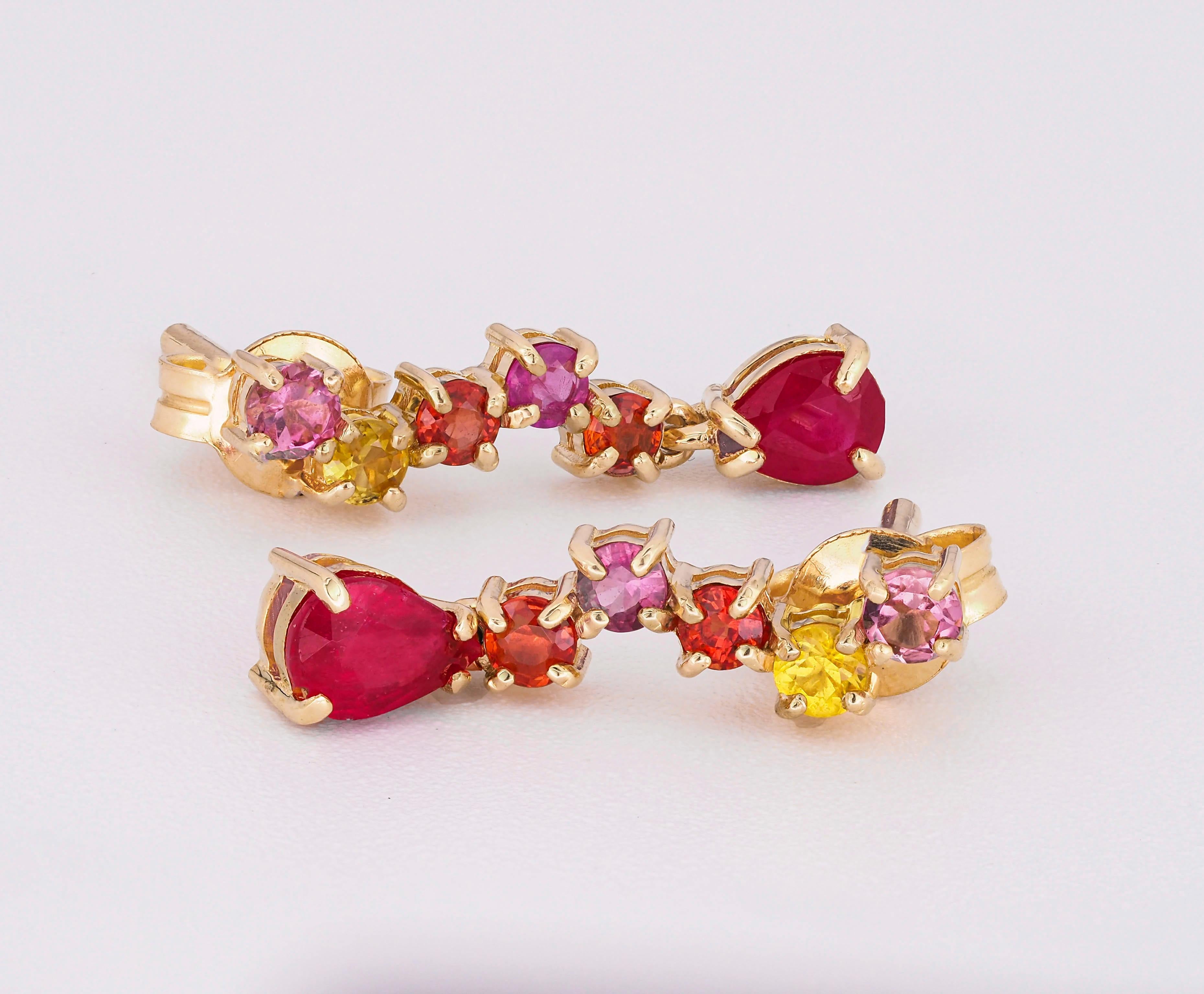 Women's 14k Gold Earrings Studs with Multicolor Sapphires and Rubies For Sale