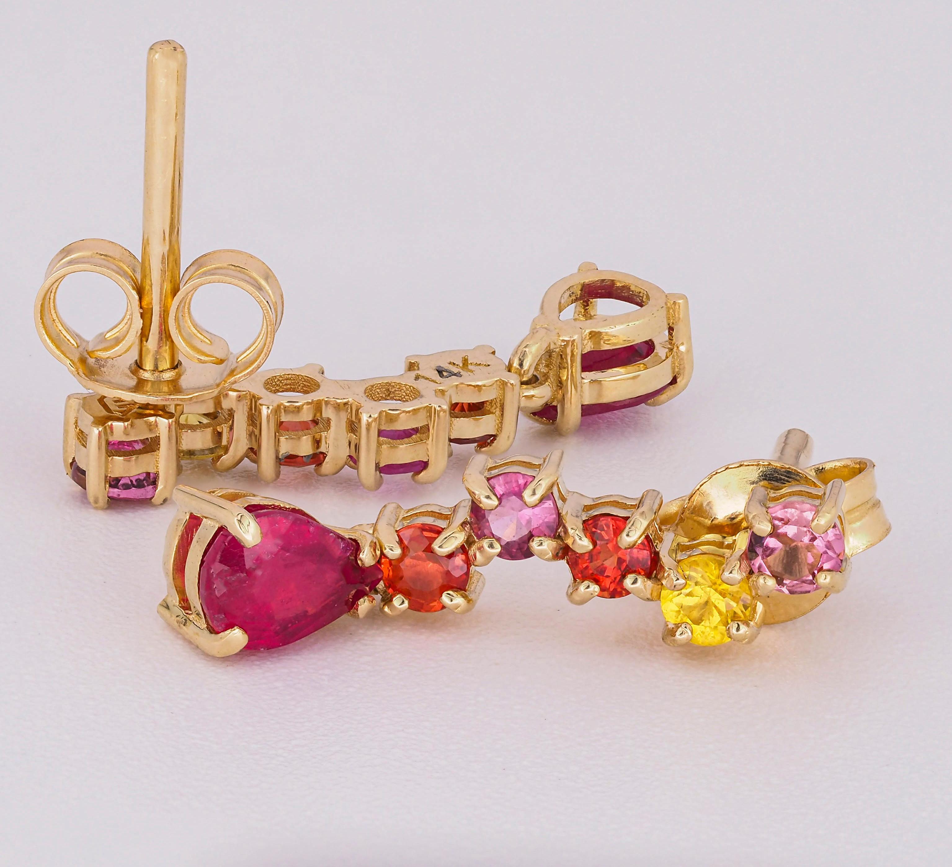 14k Gold Earrings Studs with Multicolor Sapphires and Rubies For Sale 2