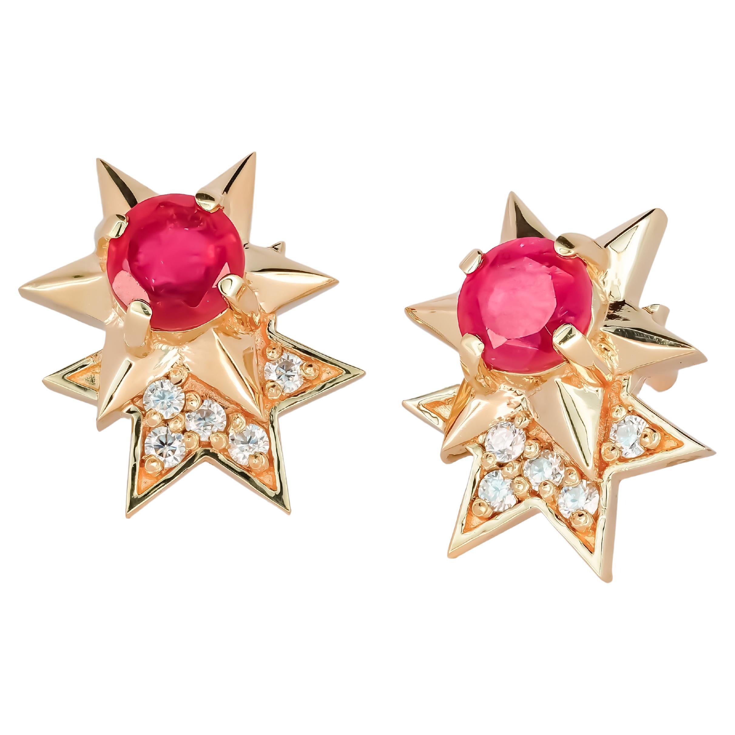 14k gold earrings studs with rubies and diamonds, Diamond Star Stud Earrings