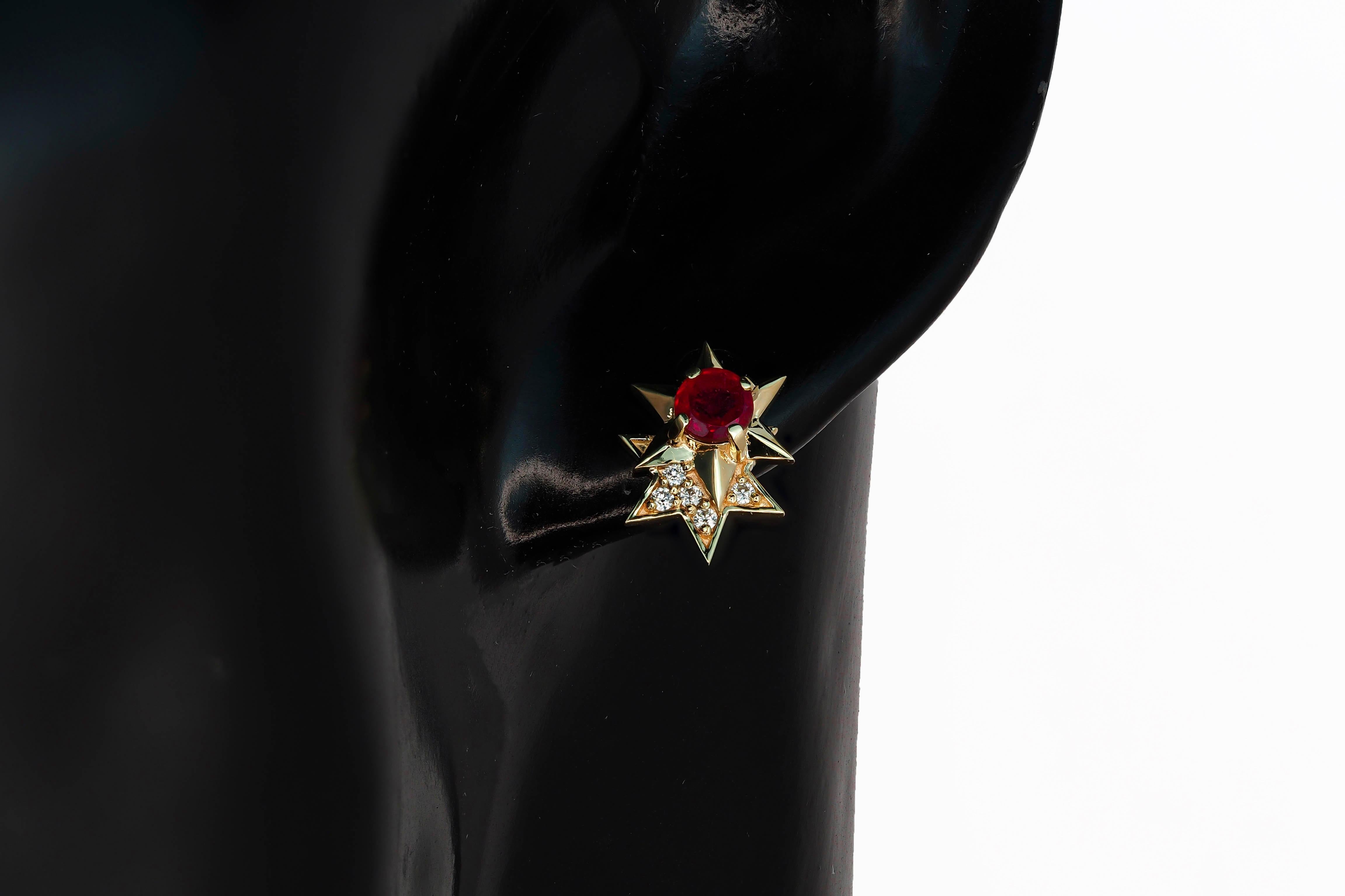 Double star ruby earrings in 14k gold For Sale 4