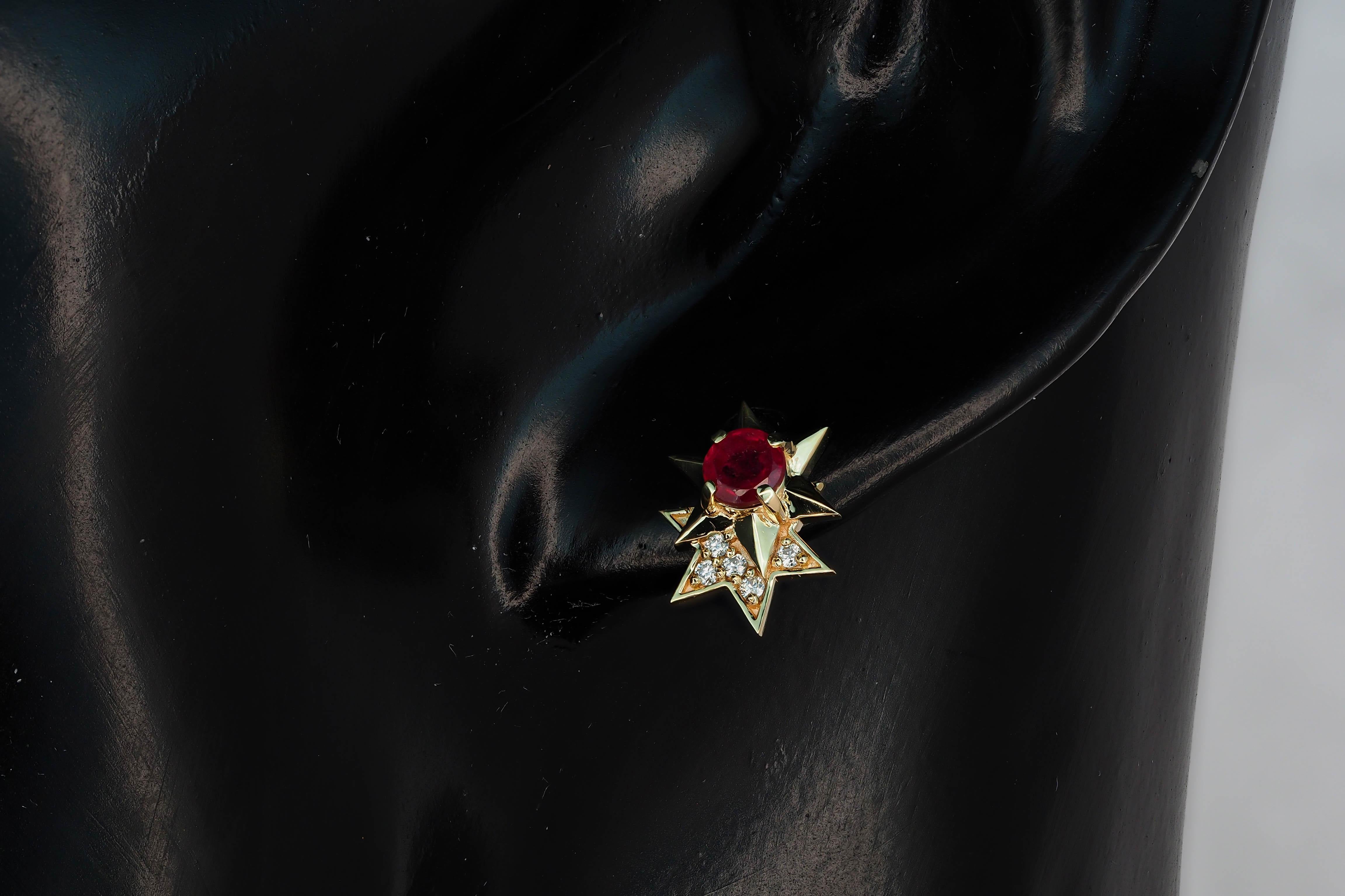 Double star ruby earrings in 14k gold For Sale 5