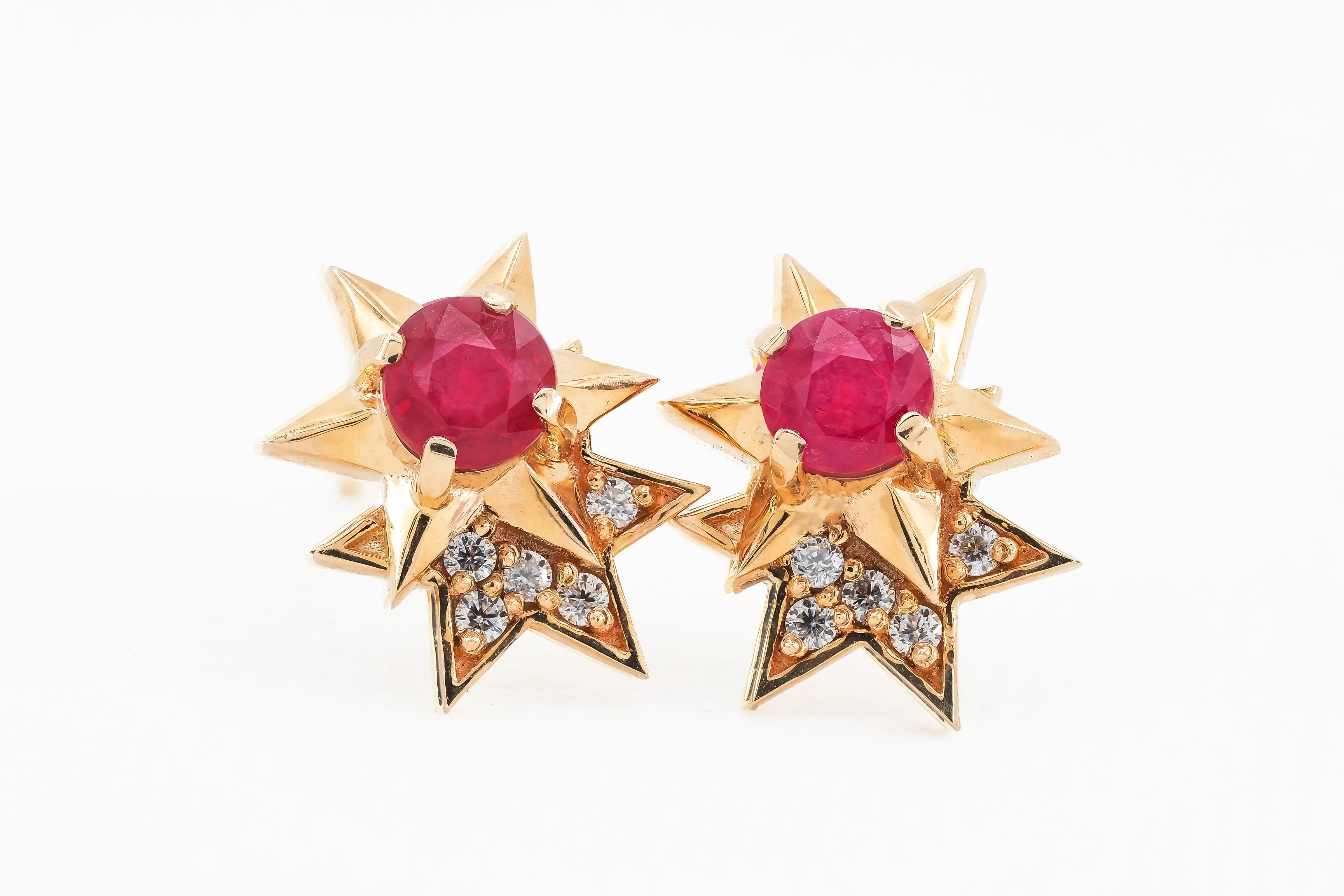 14 Karat Gold Earrings Studs with Rubies and Diamonds. Ruby stud earrings For Sale 6