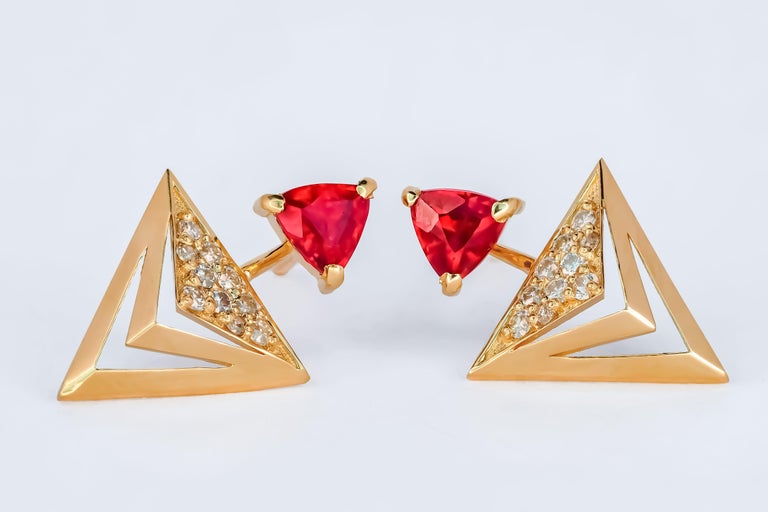 Trillion Cut 14 Karat Gold Earrings Studs with Rubies and Diamonds For Sale
