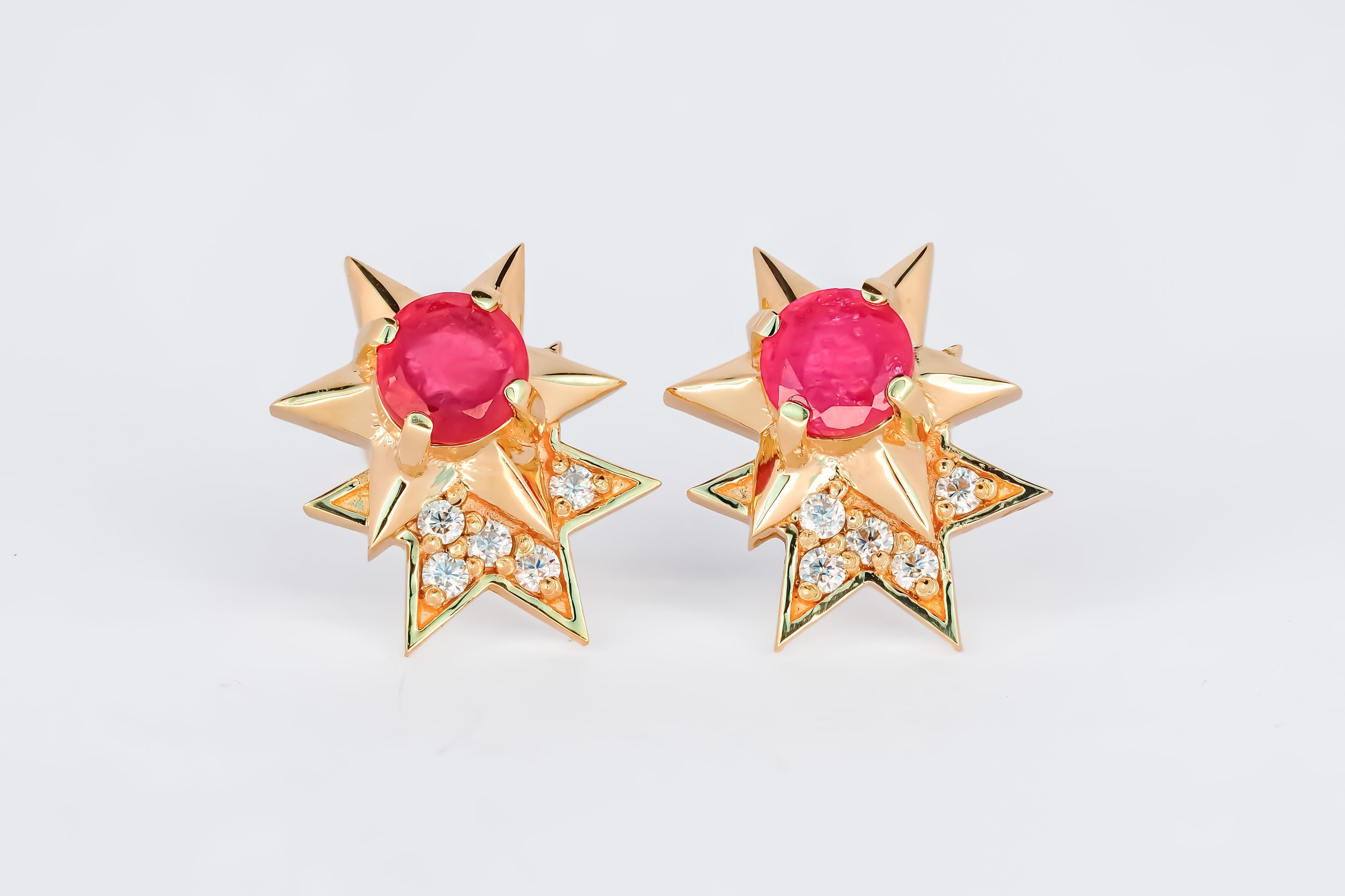 Modern 14 Karat Gold Earrings Studs with Rubies and Diamonds. Ruby stud earrings For Sale