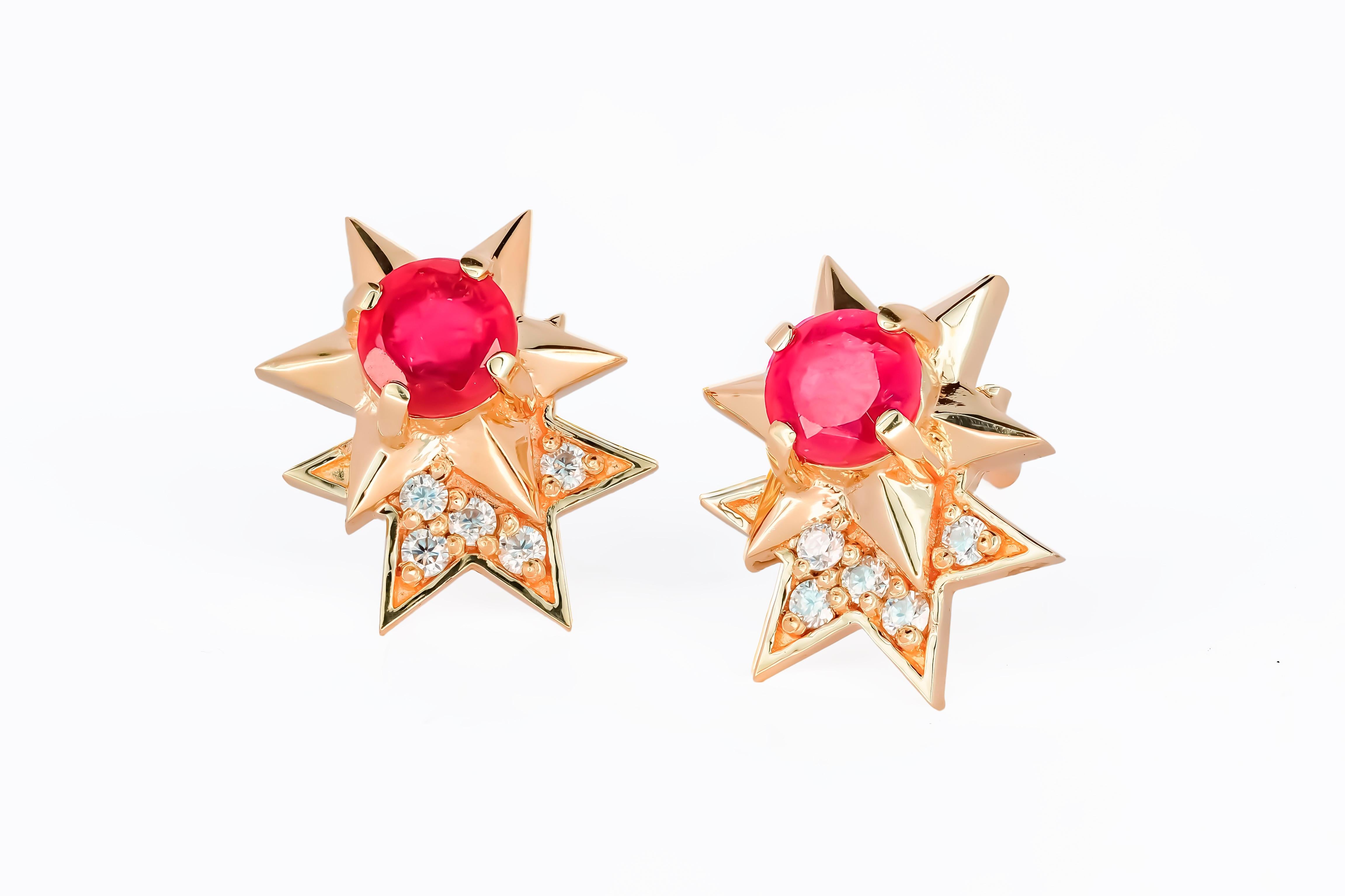 Round Cut 14 Karat Gold Earrings Studs with Rubies and Diamonds. Ruby stud earrings For Sale