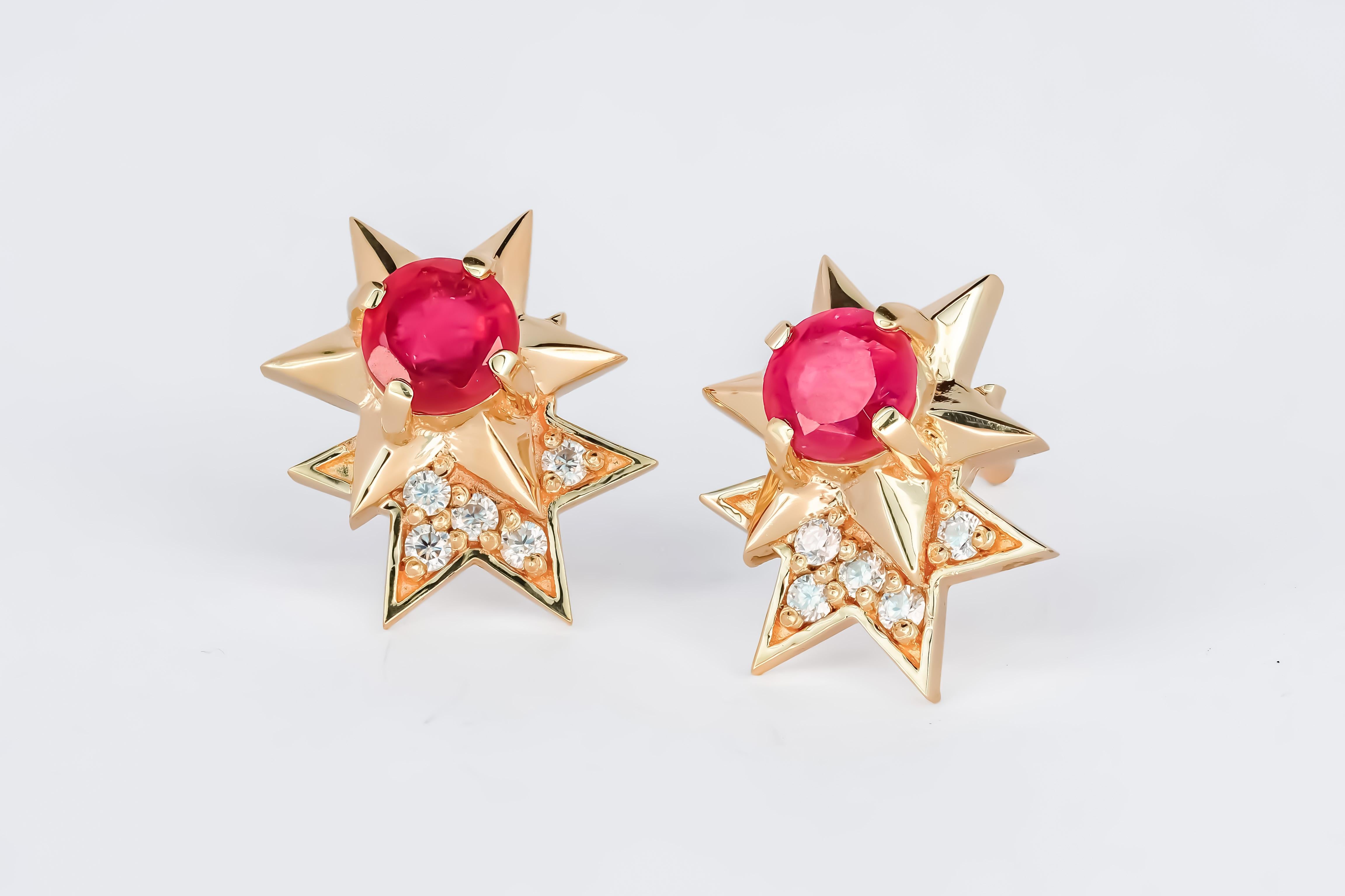 14 Karat Gold Earrings Studs with Rubies and Diamonds. Ruby stud earrings In New Condition For Sale In Istanbul, TR