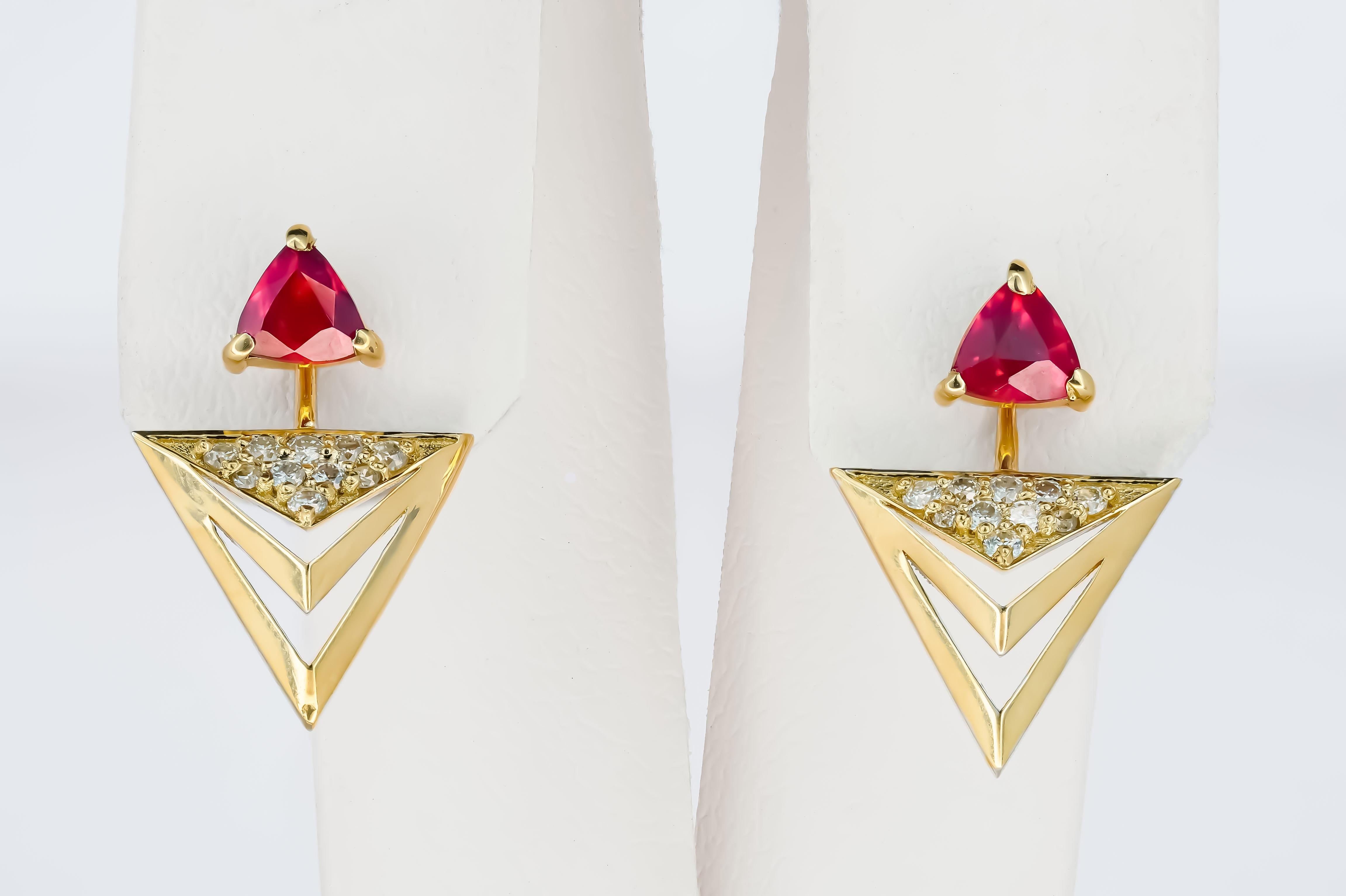 14 Karat Gold Earrings Studs with Rubies and Diamonds For Sale 1