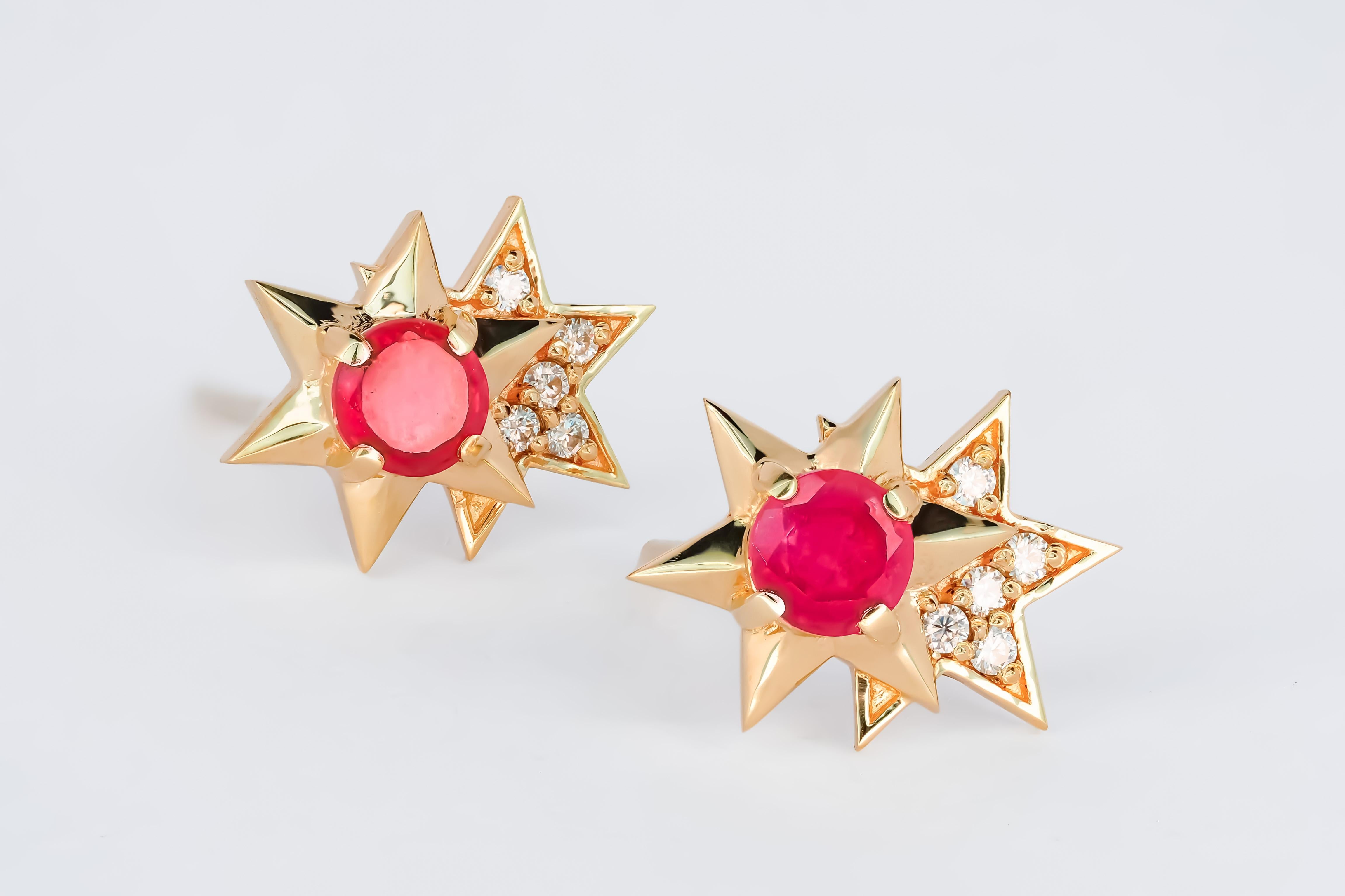 14 Karat Gold Earrings Studs with Rubies and Diamonds. Ruby stud earrings For Sale 1