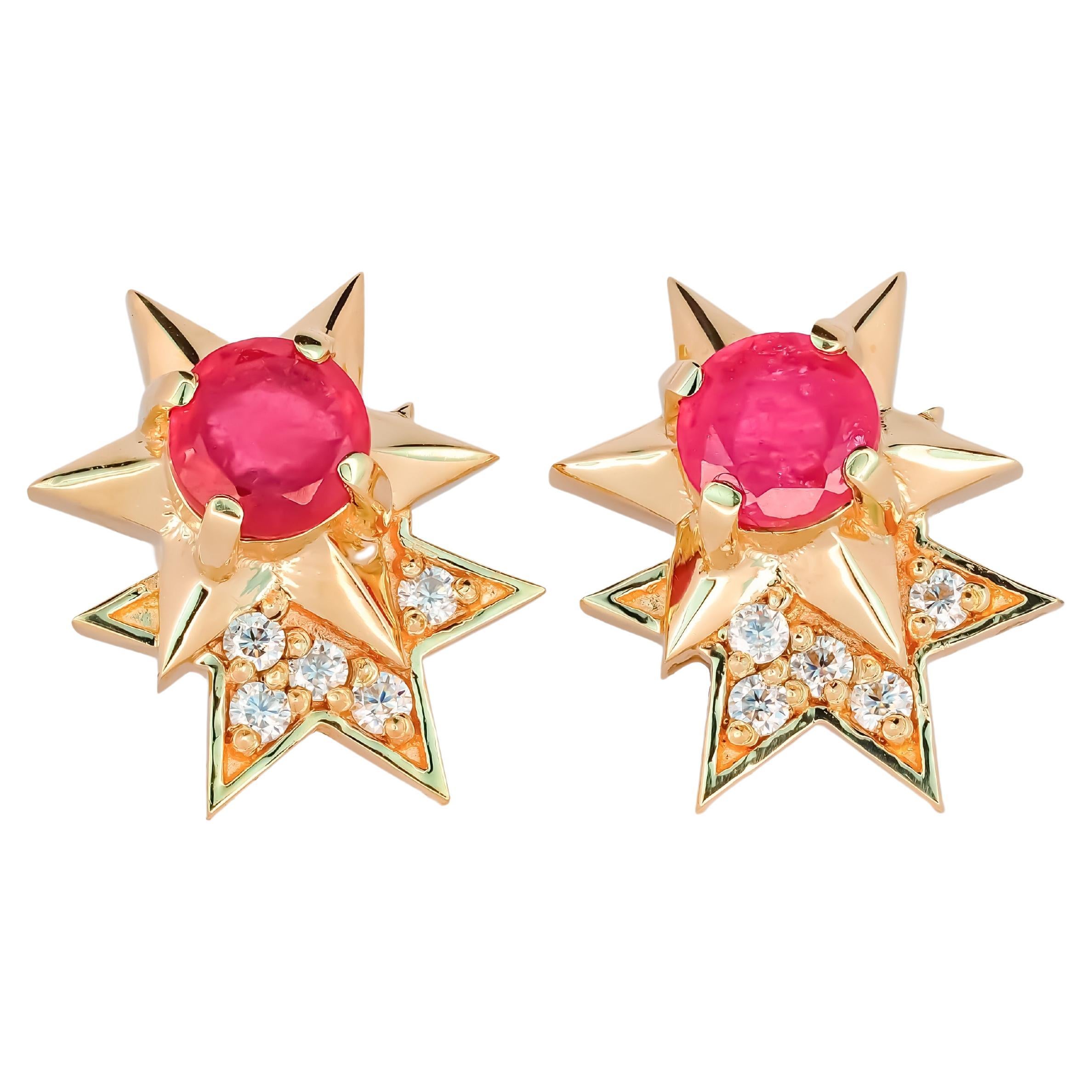 14 Karat Gold Earrings Studs with Rubies and Diamonds. Ruby stud earrings For Sale