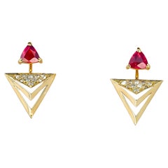 14 Karat Gold Earrings Studs with Rubies and Diamonds