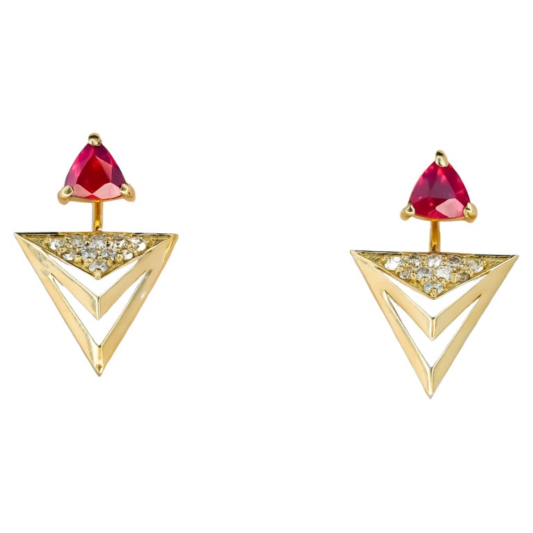 14 Karat Gold Earrings Studs with Rubies and Diamonds For Sale