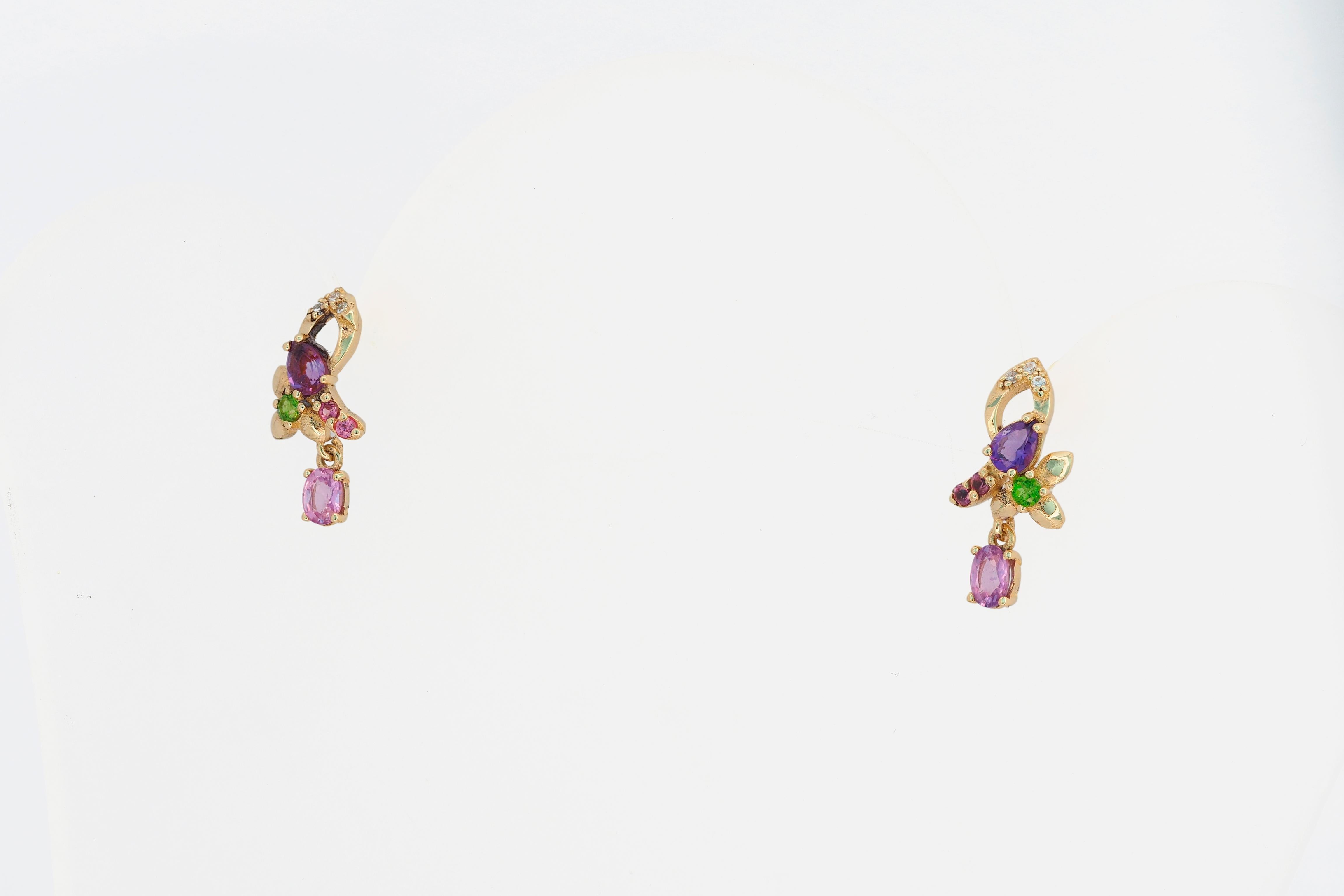 Orecchini con pietre dure in oro 14k in vendita 3