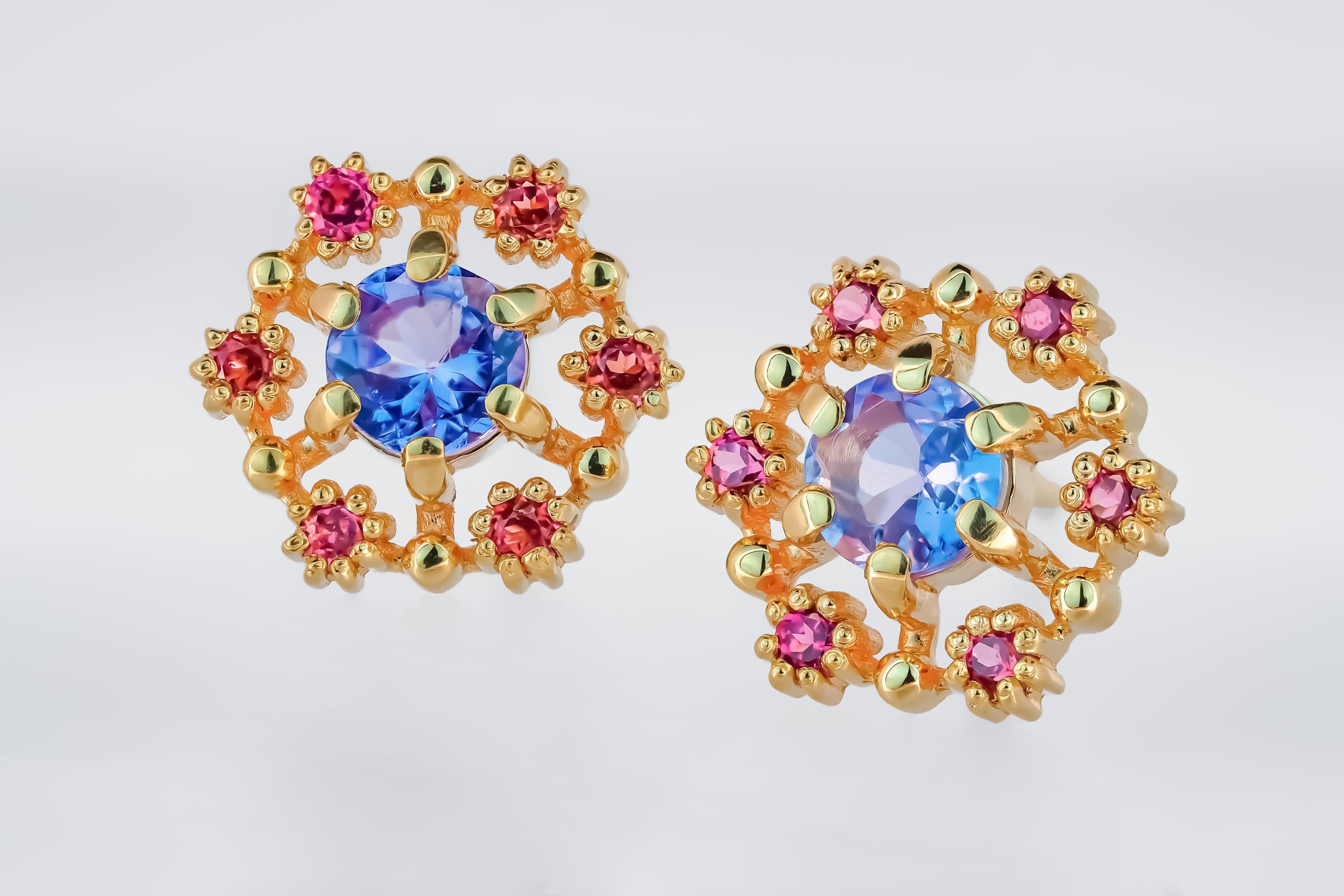 Round Cut 14k gold earrings studs with tanzanites and rubies