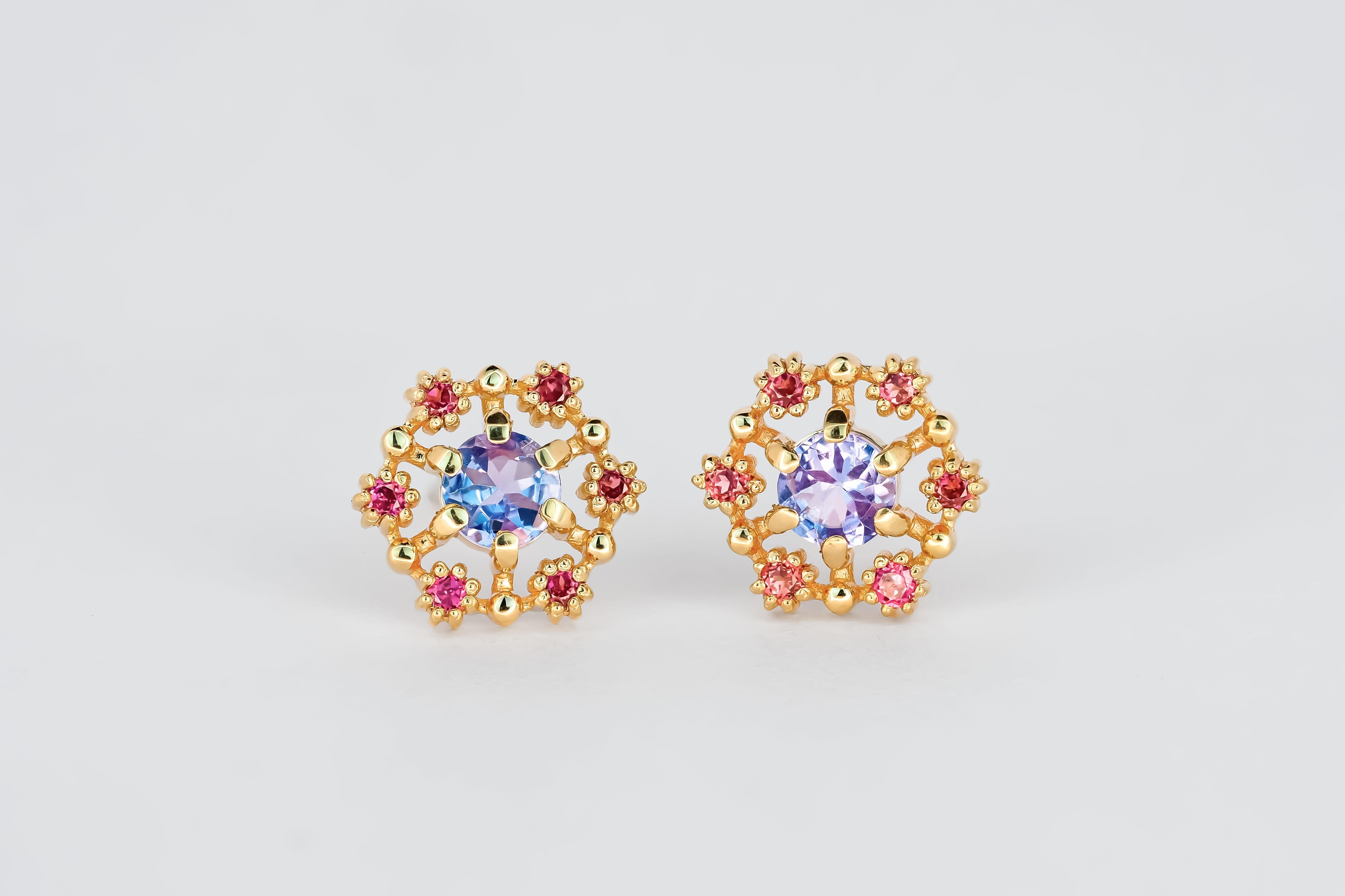 14k gold earrings studs with tanzanites and rubies 2