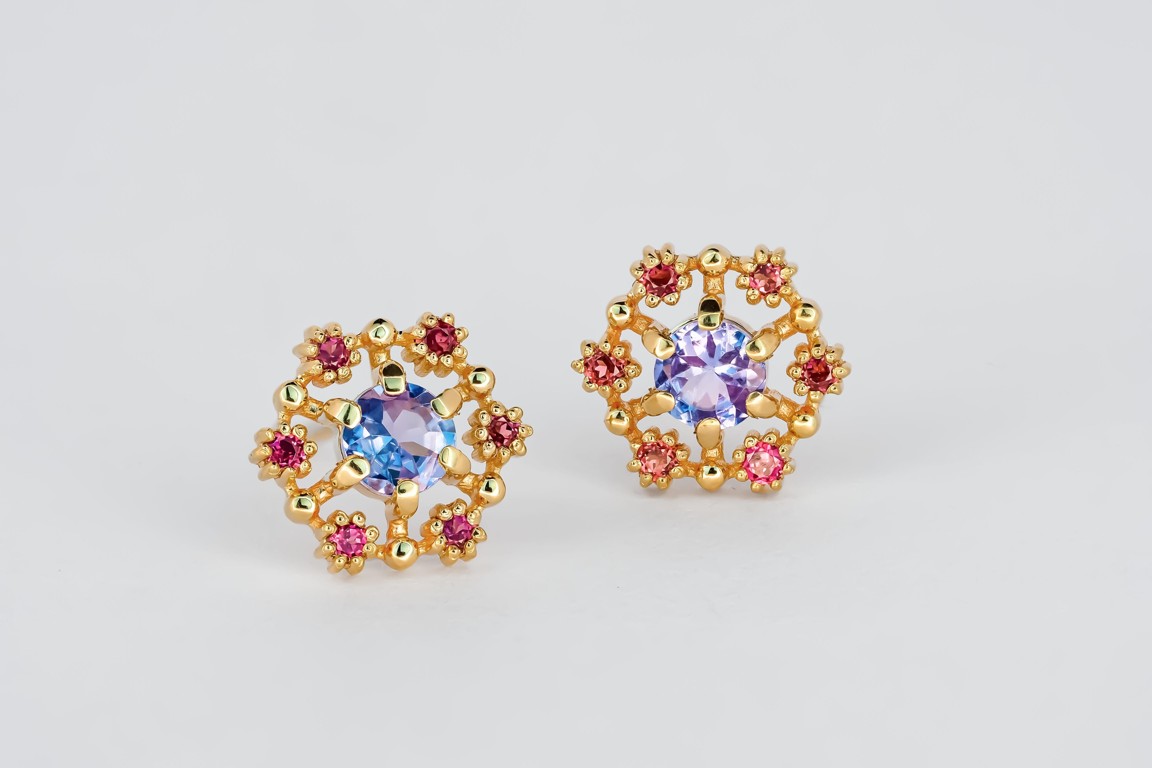 14k gold earrings studs with tanzanites and rubies 3
