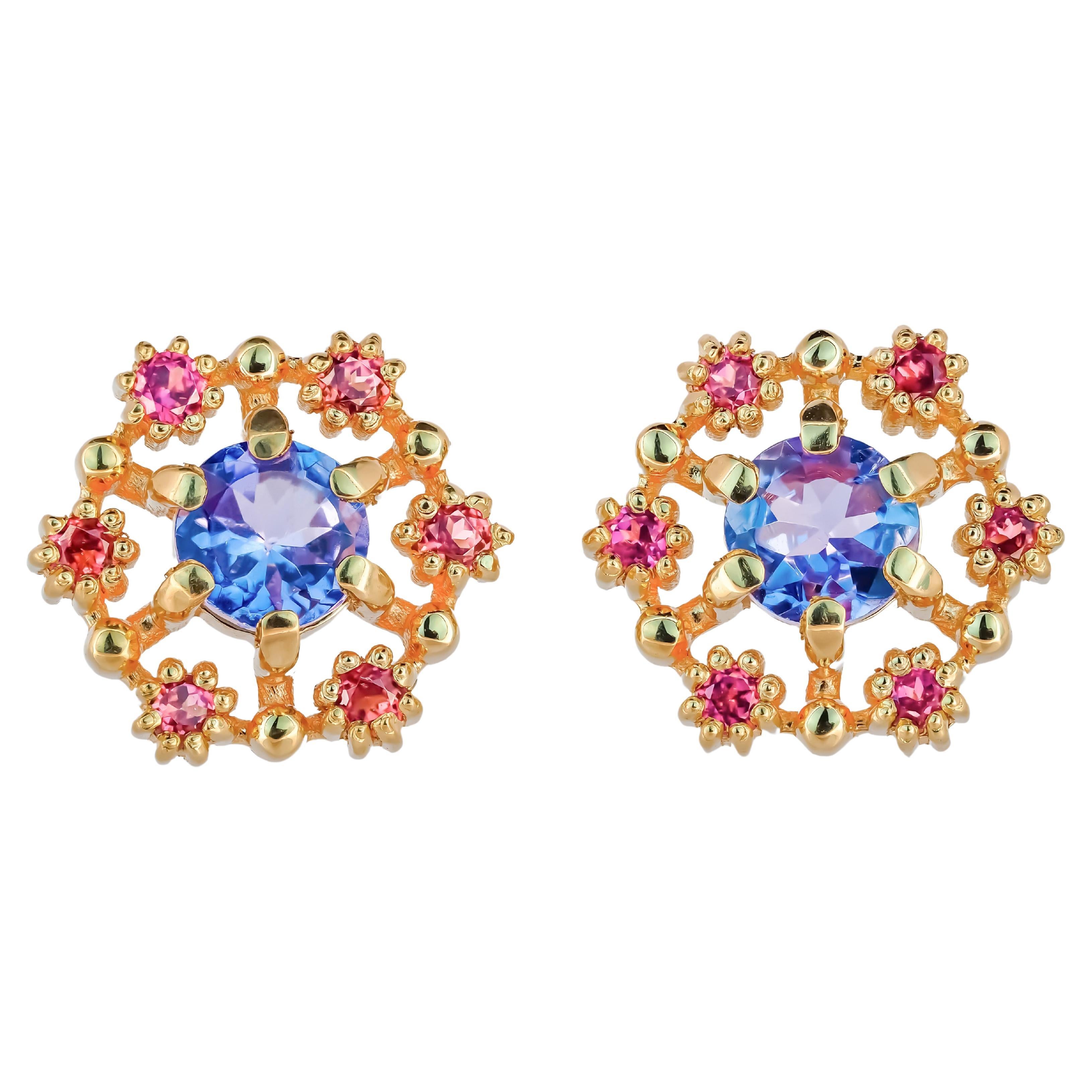 14k gold earrings studs with tanzanites and rubies