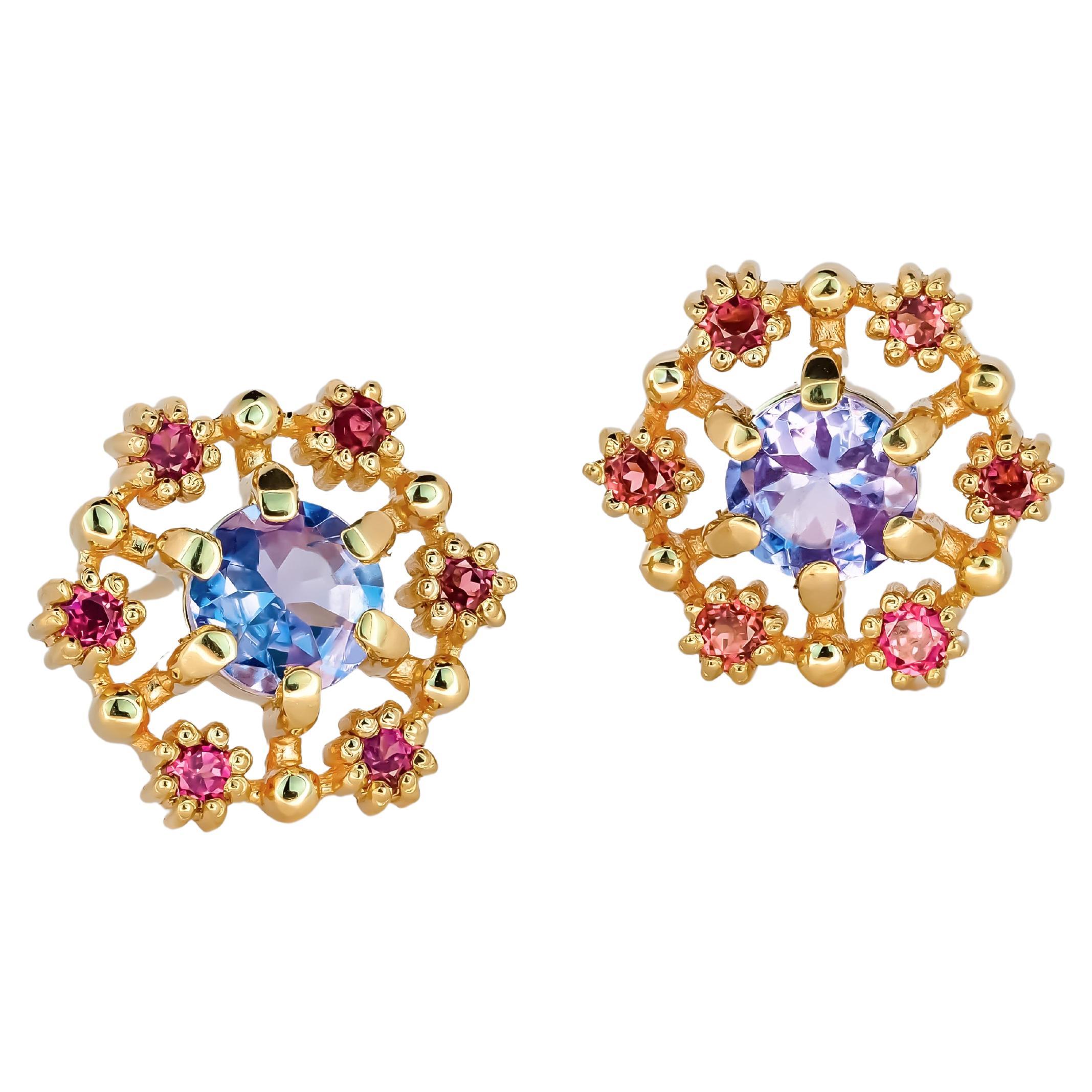 14 Karat Gold Earrings Studs with Tanzanites and Diamonds