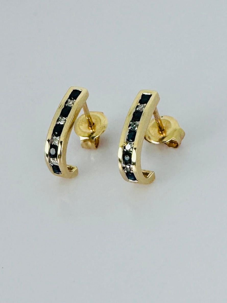 14k gold earrings with 5 blue sapphires and 5 brilliant cut diamonds For Sale 1