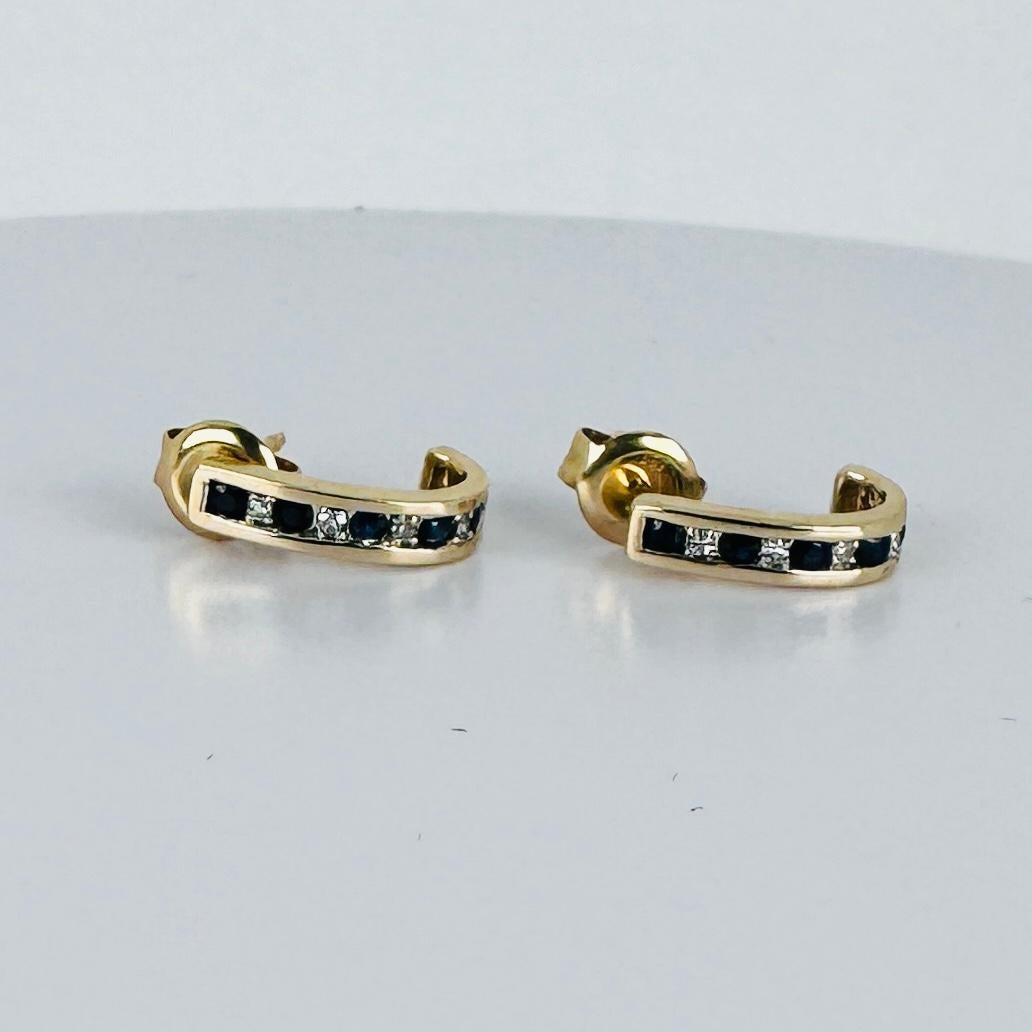14k gold earrings with 5 blue sapphires and 5 brilliant cut diamonds For Sale 3