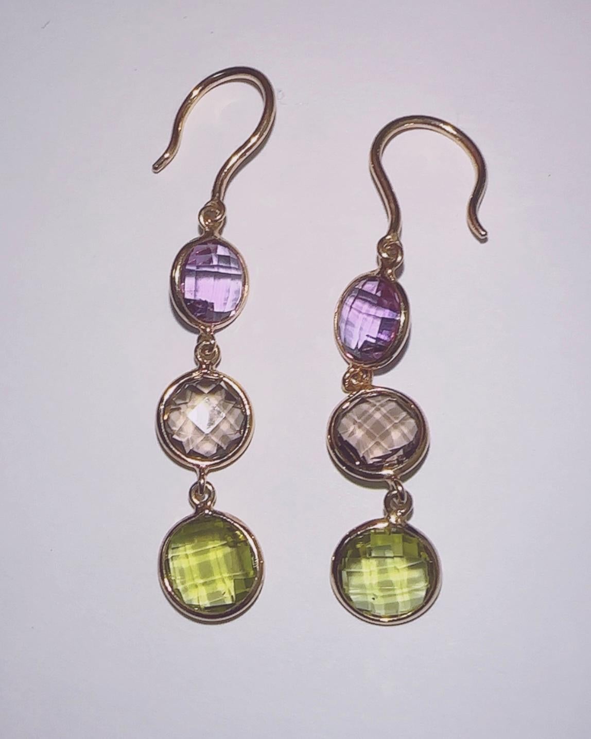 Contemporary 14K Gold Earrings with Amethyst Smokey Topaz and Peridot For Sale