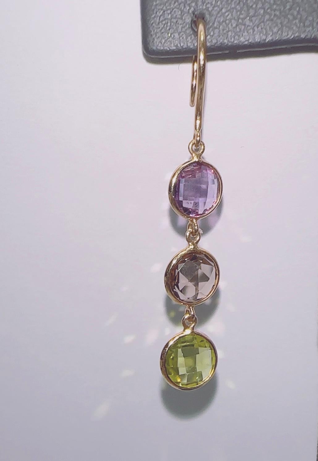 Round Cut 14K Gold Earrings with Amethyst Smokey Topaz and Peridot For Sale